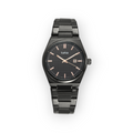 Reloj LOTO COMPANY VORLIX 2589 con correa de acero inoxidable negro, esfera texturizada y detalles en tono oro rosa.