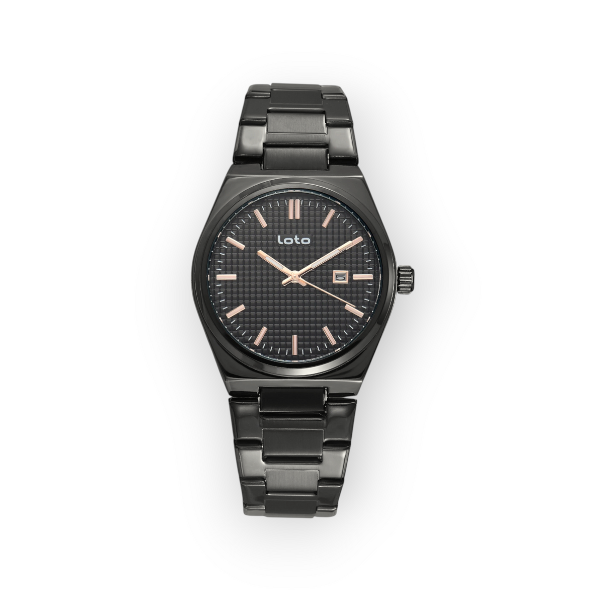 Reloj LOTO COMPANY VORLIX 2589 con correa de acero inoxidable negro, esfera texturizada y detalles en tono oro rosa.