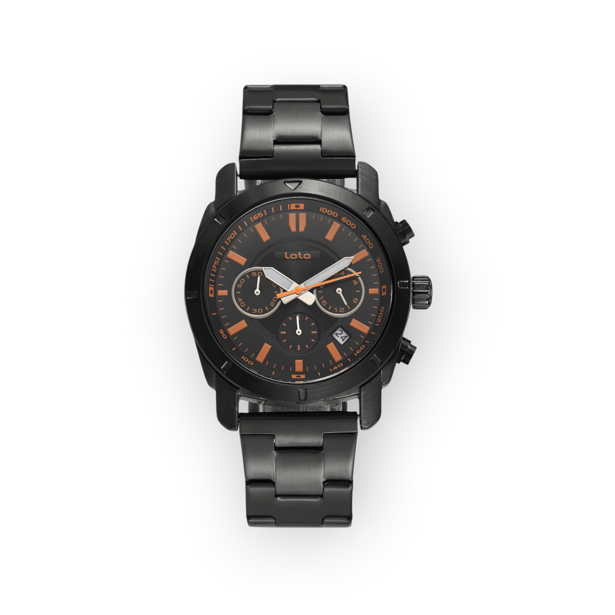 Reloj LOTO COMPANY DREZVAN 2602 con correa de acero inoxidable negro, esfera negra y detalles en naranja