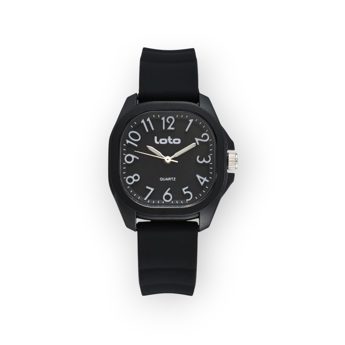 Reloj LOTO COMPANY modelo VELQARO 2599 con caja cuadrada negra, esfera analógica y correa de silicona a juego.
