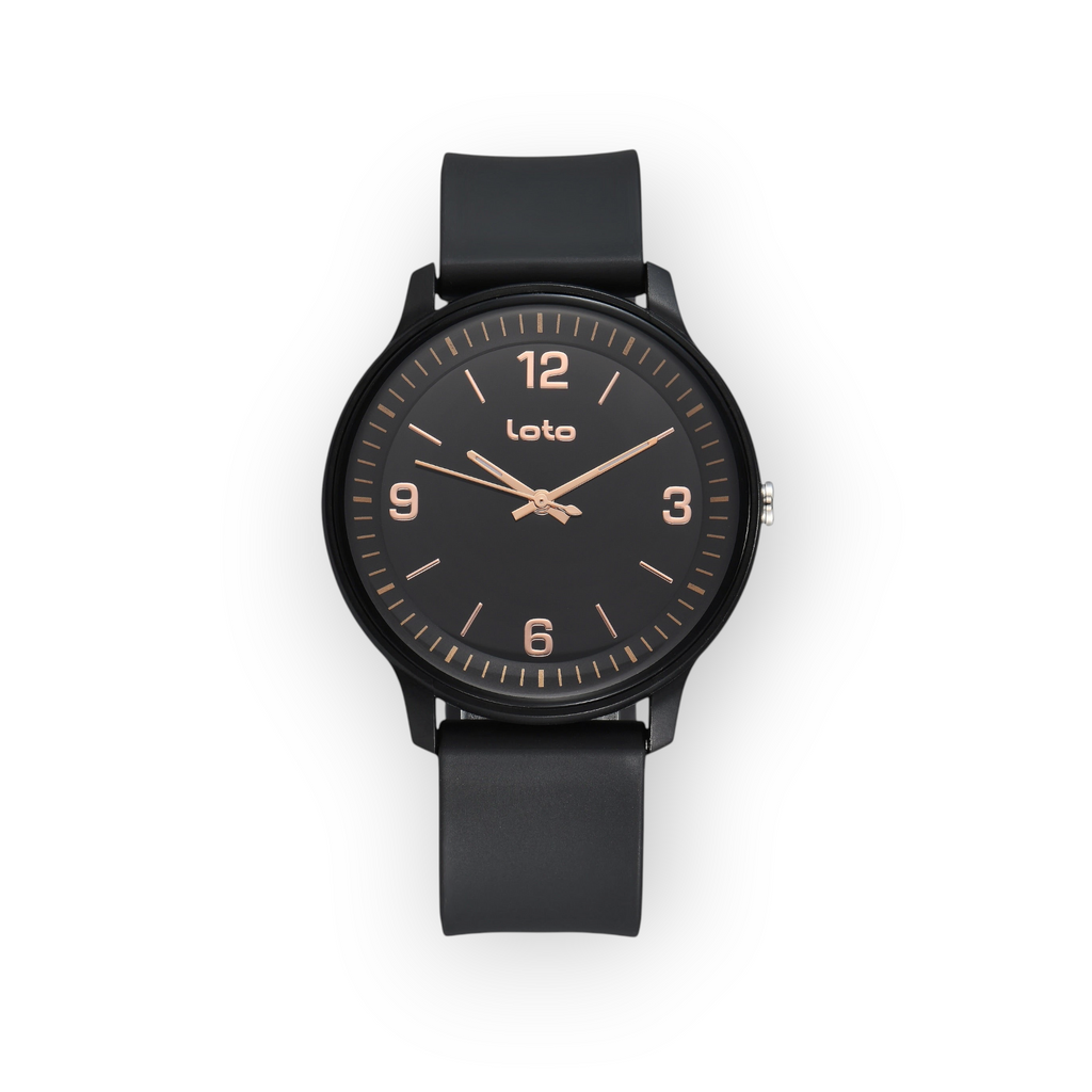 Reloj LOTO COMPANY Luxenor 2601 con esfera negra, manecillas en tono oro rosa y correa de silicona negra