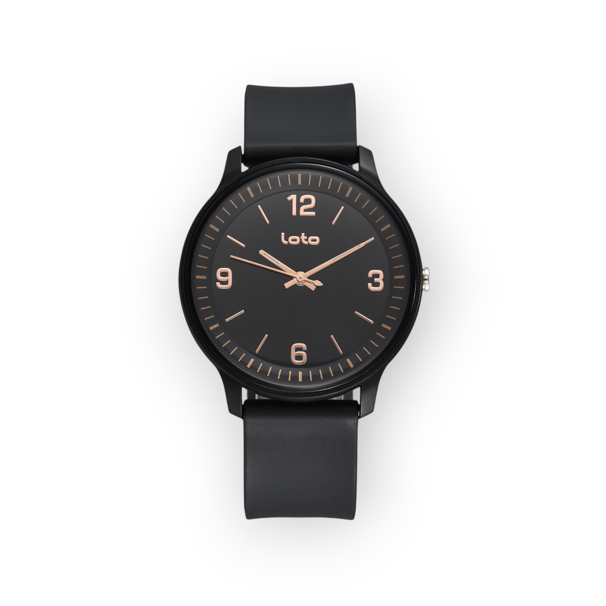 Reloj LOTO COMPANY Luxenor 2601 con esfera negra, manecillas en tono oro rosa y correa de silicona negra