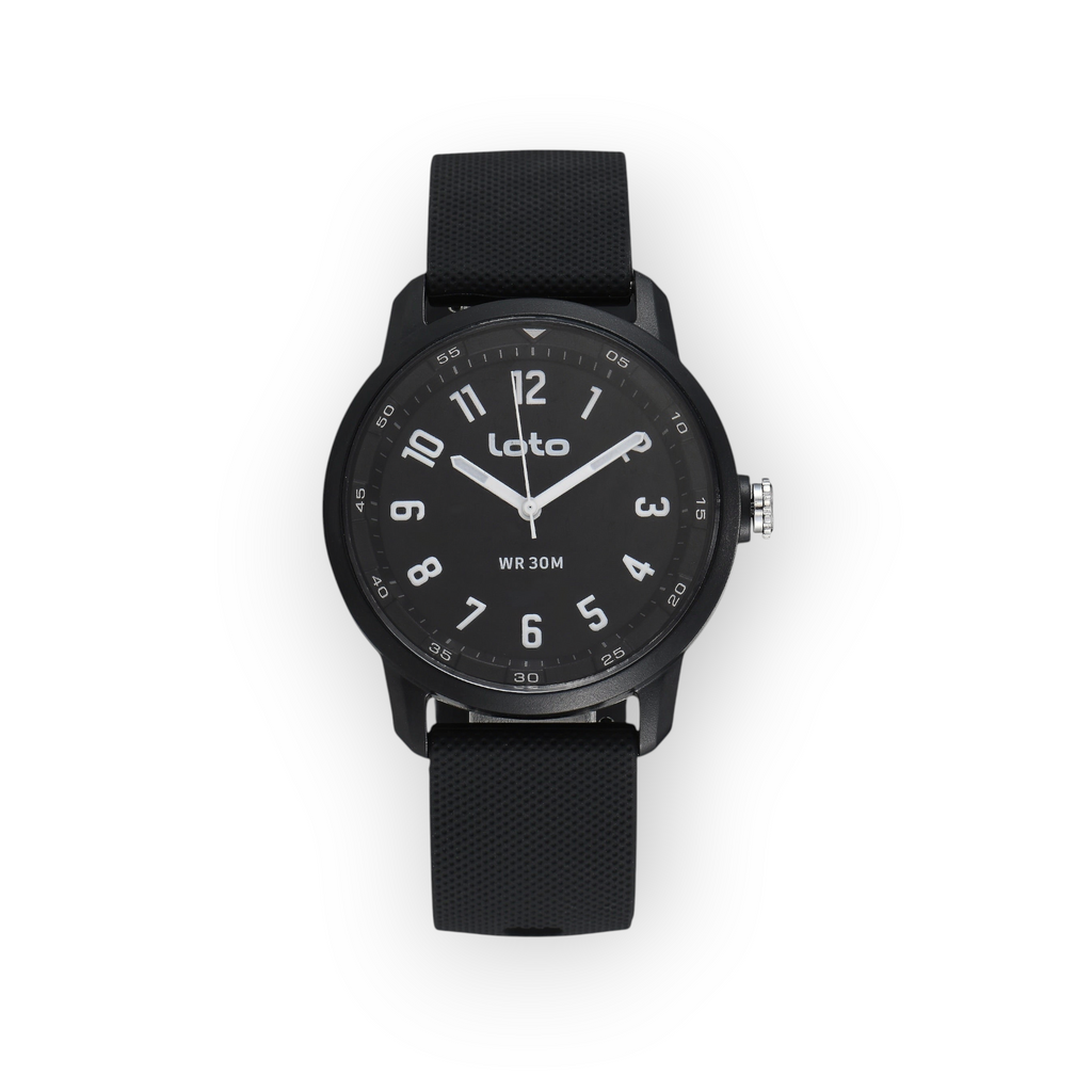 Reloj LOTO COMPANY Zorvant 2598 con esfera negra, números blancos y correa de silicona texturizada