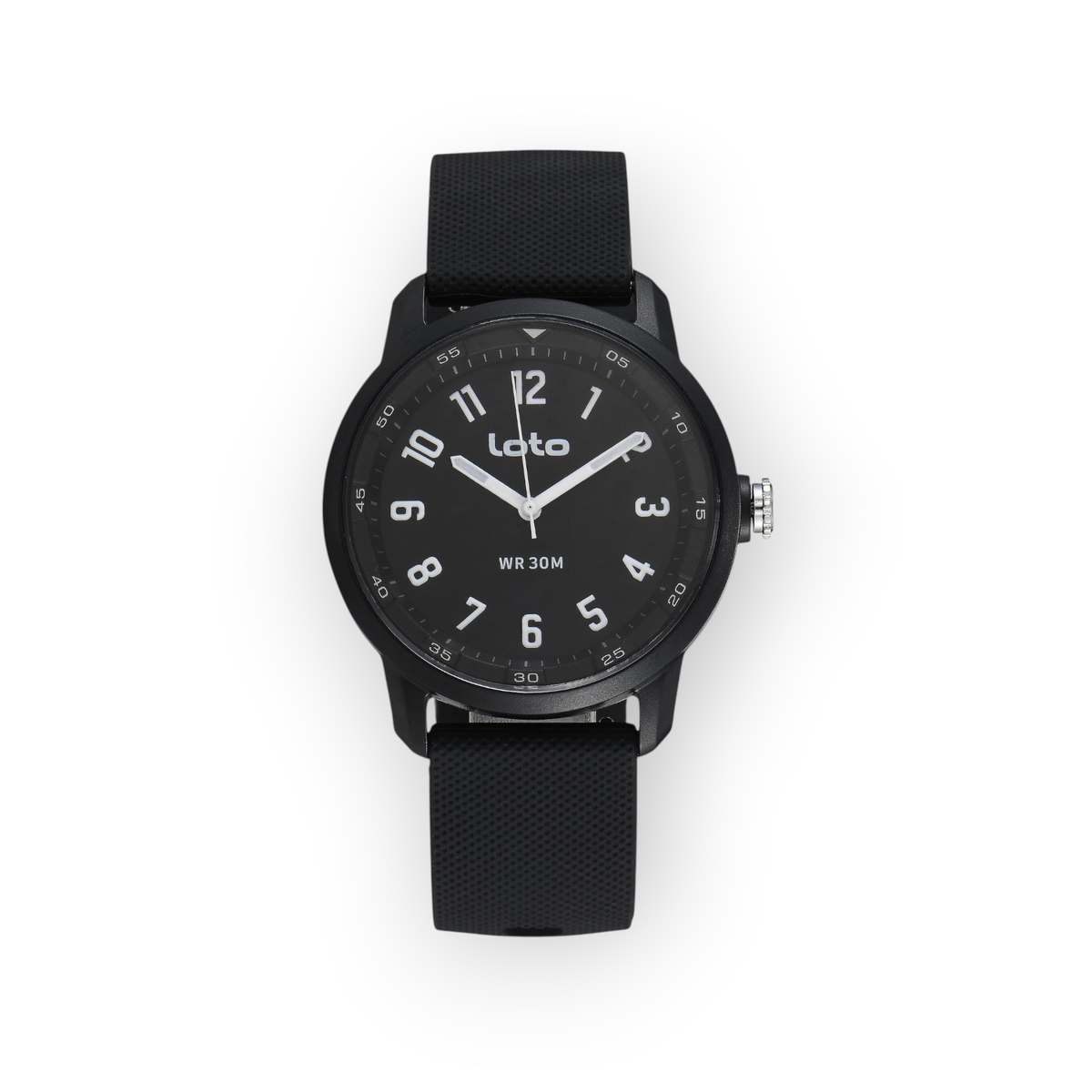 Reloj LOTO COMPANY Zorvant 2598 con esfera negra, números blancos y correa de silicona texturizada