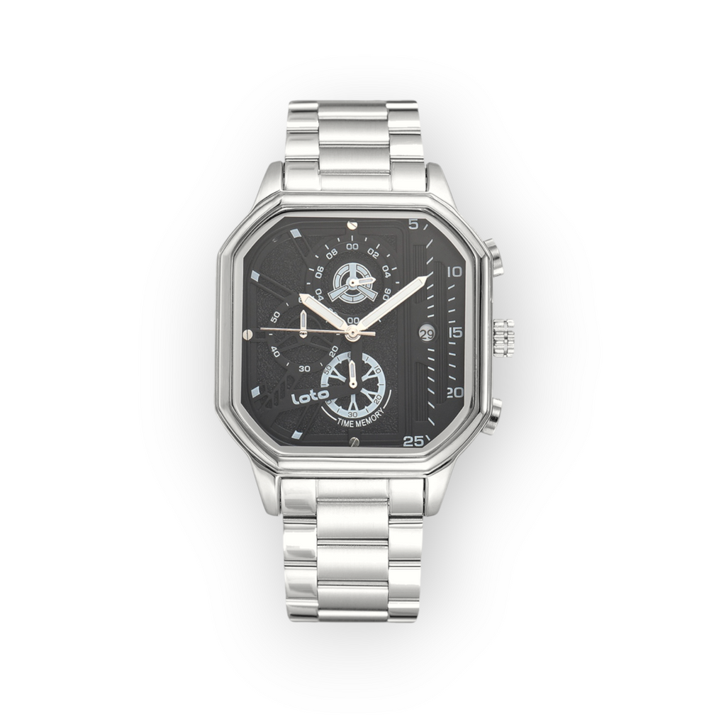 Reloj LOTO COMPANY Nexaro 2584 con caja octogonal de acero inoxidable, esfera negra y brazalete metálico plateado.