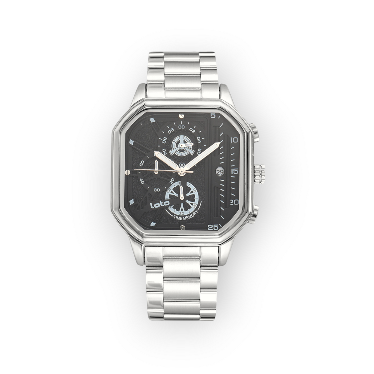 Reloj LOTO COMPANY Nexaro 2584 con caja octogonal de acero inoxidable, esfera negra y brazalete metálico plateado.