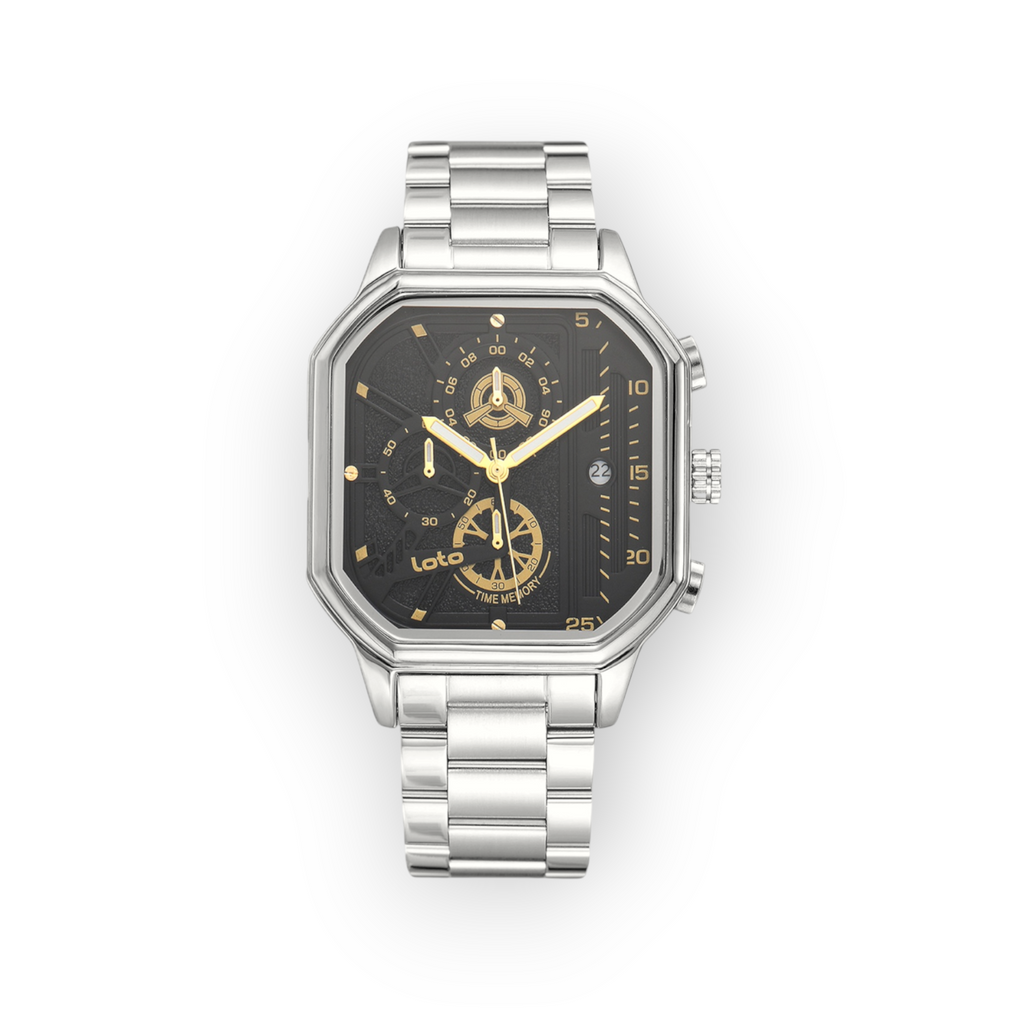 Reloj LOTO COMPANY Nexaro 2584 con caja octogonal de acero inoxidable, esfera negra y detalles en tono dorado.