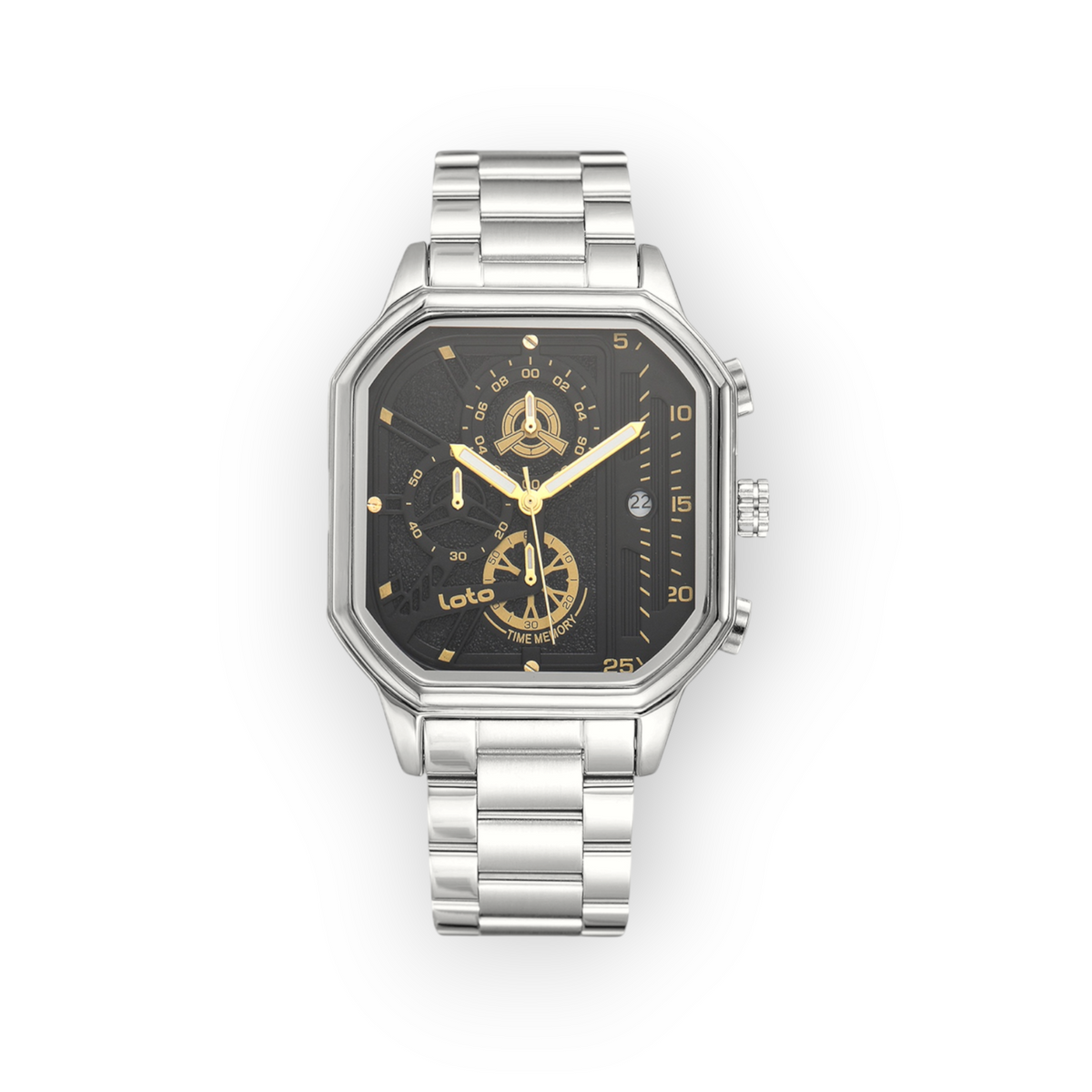 Reloj LOTO COMPANY Nexaro 2584 con caja octogonal de acero inoxidable, esfera negra y detalles en tono dorado.