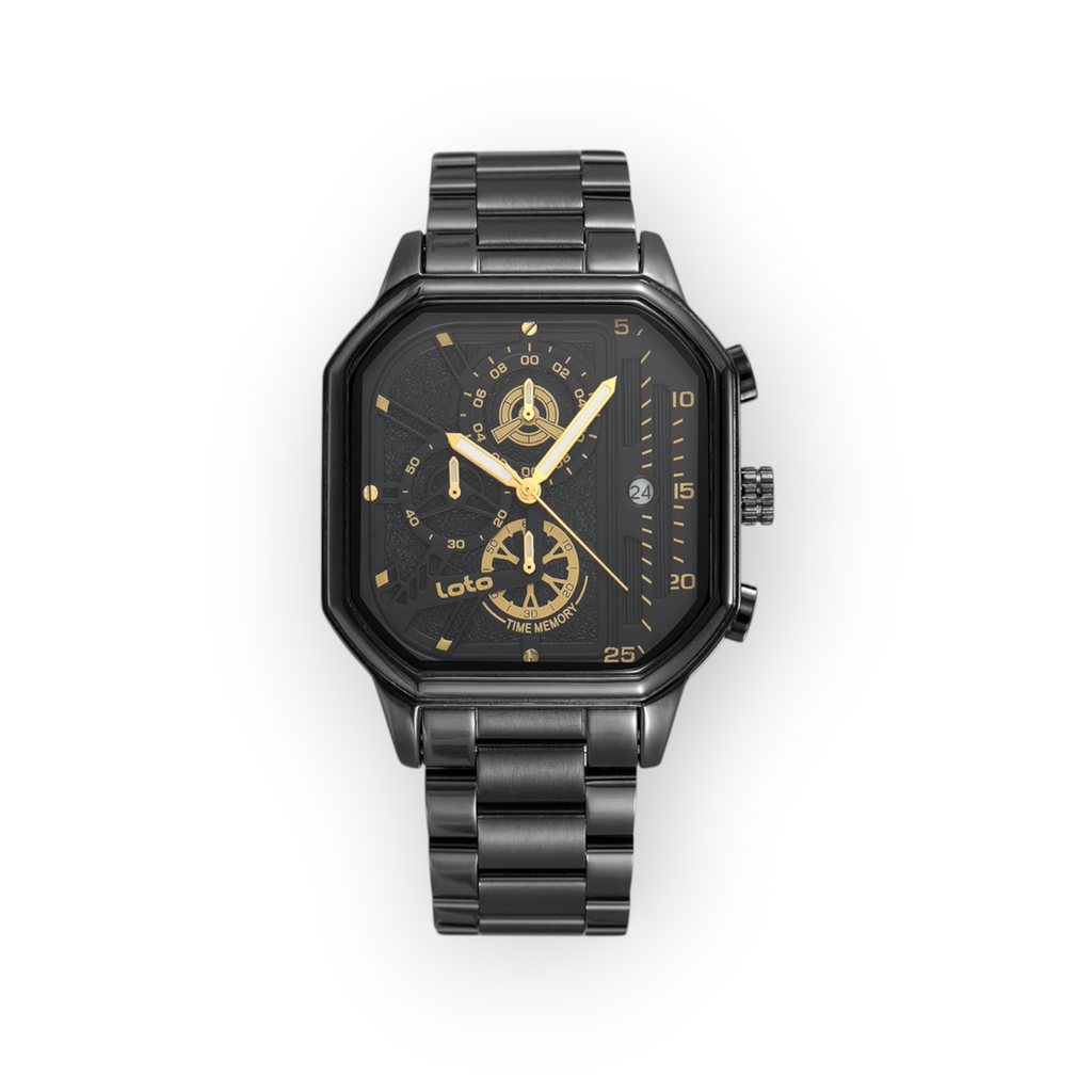 Reloj LOTO COMPANY Nexaro 2584 de acero inoxidable negro con caja octogonal y detalles en dorado en la esfera