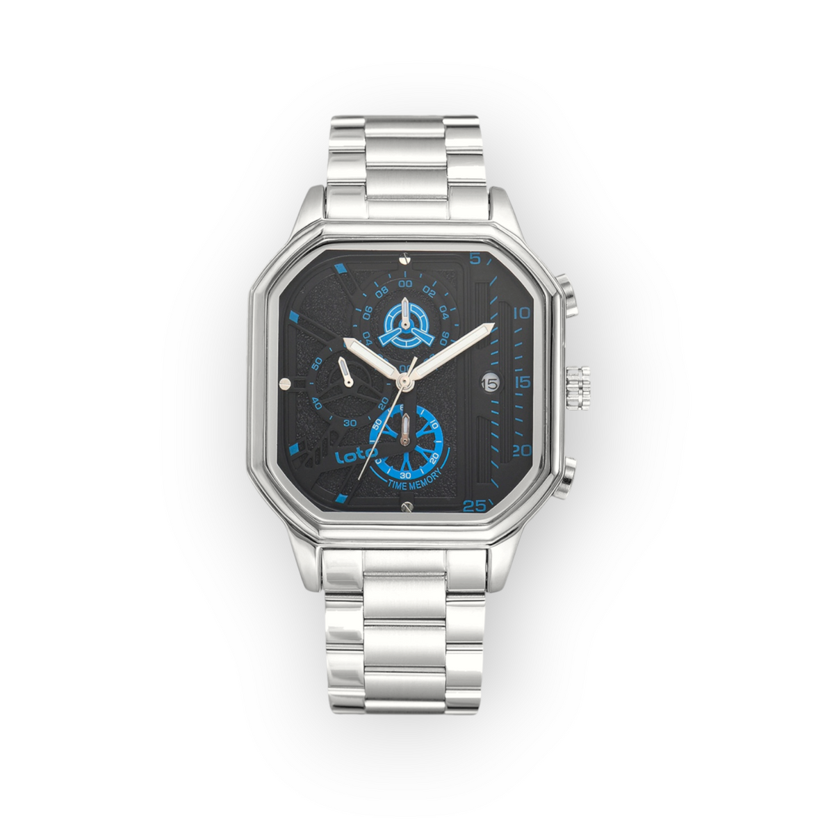 Reloj LOTO COMPANY Nexaro 2584 de acero inoxidable con caja octogonal, esfera negra y detalles en azul brillante.