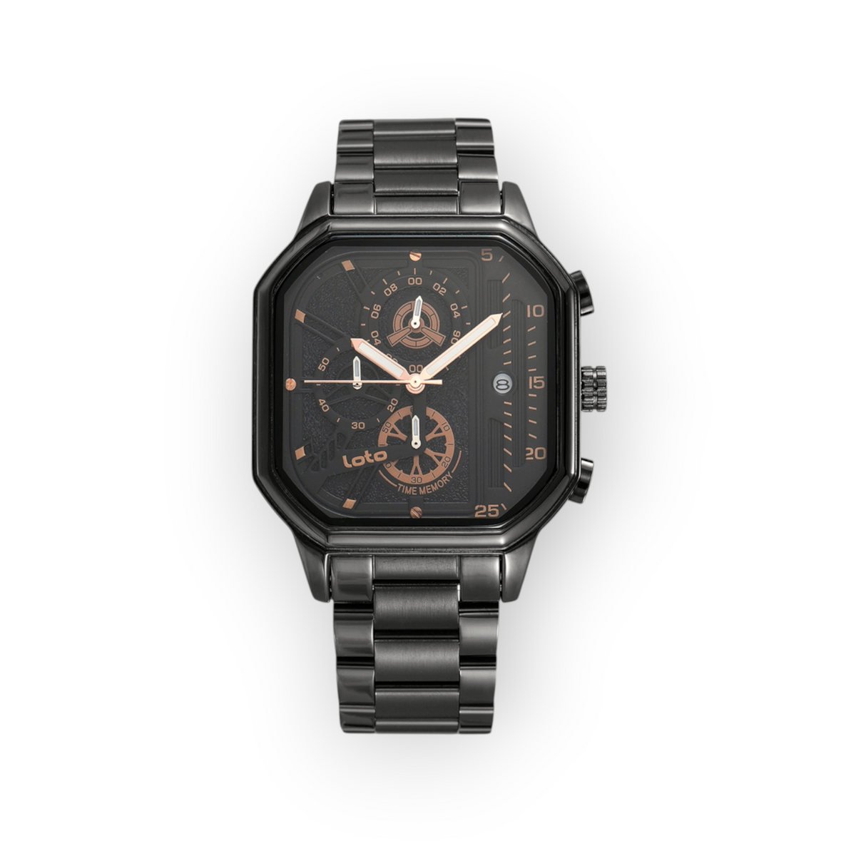 Reloj LOTO COMPANY Nexaro 2584 de acero inoxidable negro con caja octogonal y detalles en tono cobre
