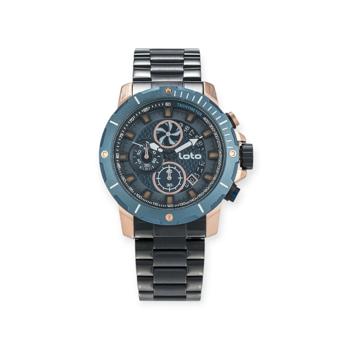 Reloj cronógrafo LOTO COMPANY Nitron 2414 de acero inoxidable en tonos azul y bronce con bisel taquimétrico.
