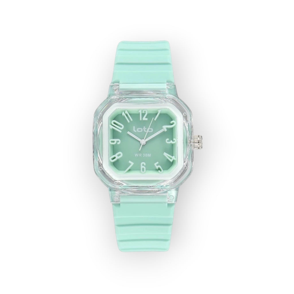 Reloj análogo LOTO COMPANY modelo NOA con carátula cuadrada color aqua, correa de goma ligera y diseño moderno.