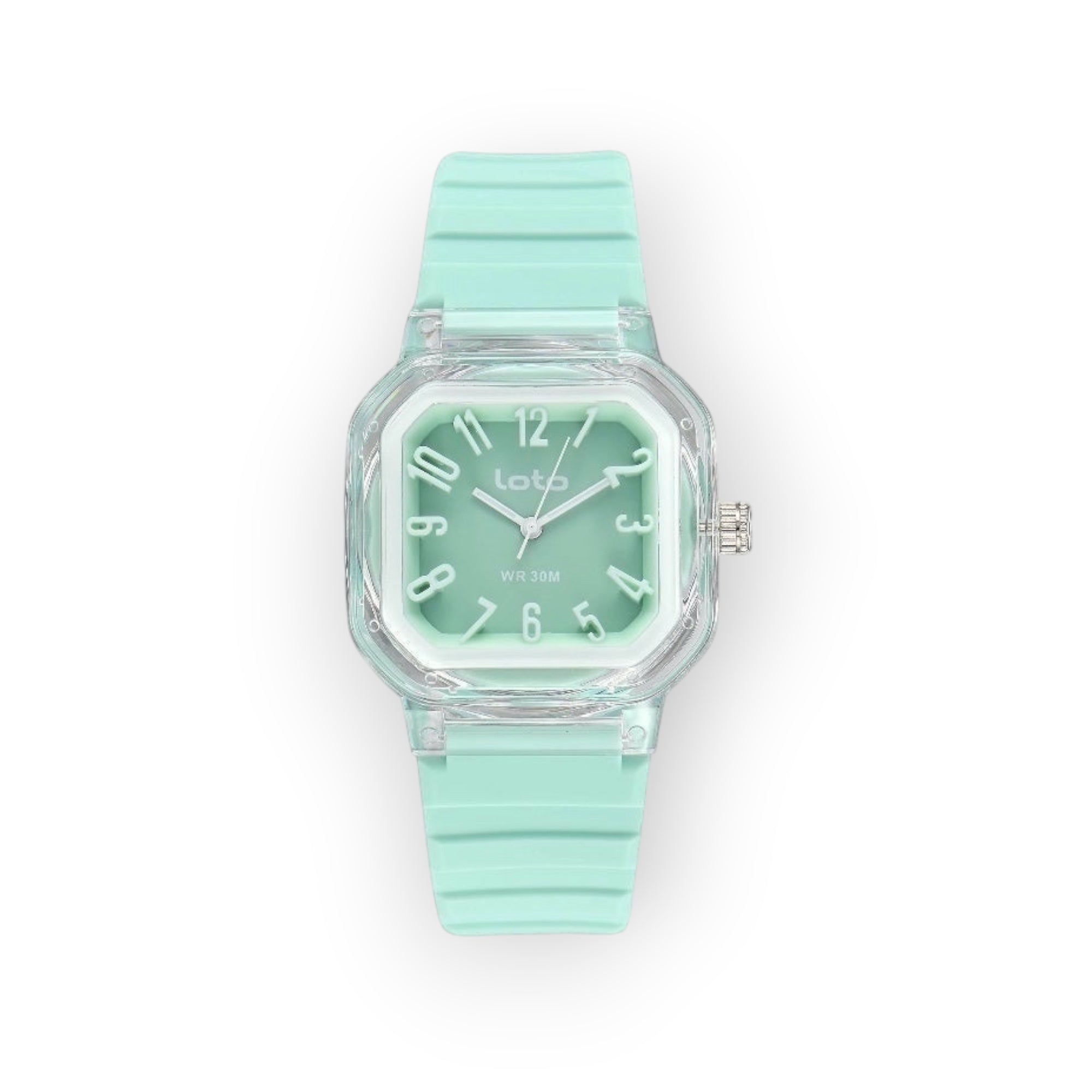 Reloj análogo LOTO COMPANY modelo NOA con carátula cuadrada color aqua, correa de goma ligera y diseño moderno.