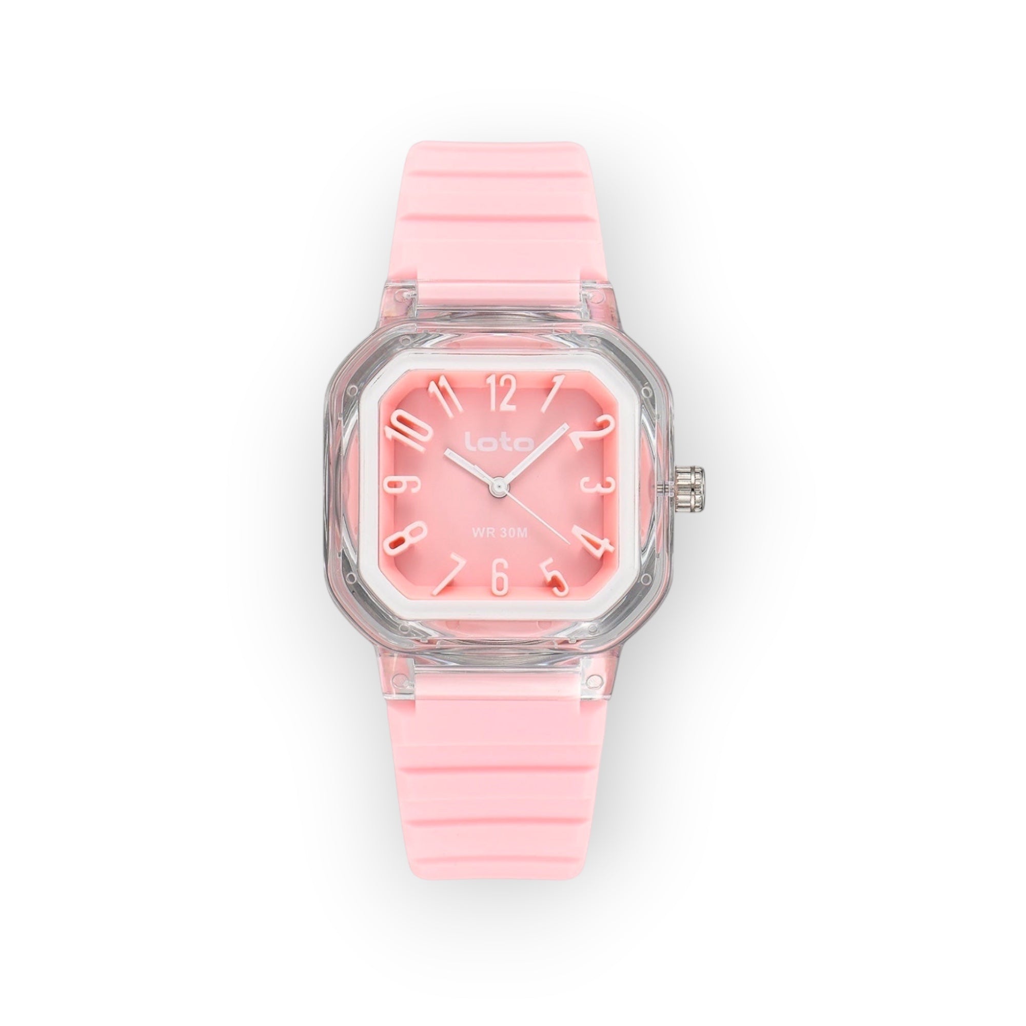 Reloj análogo LOTO COMPANY modelo NOA con caja cuadrada transparente, carátula y correa de goma en color rosa pastel.