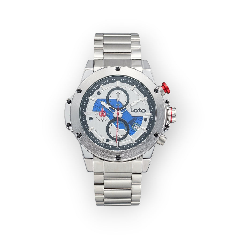Reloj cronógrafo LOTO COMPANY OBSIDIAN 2531 de acero inoxidable plateado con esfera azul y detalles en rojo.