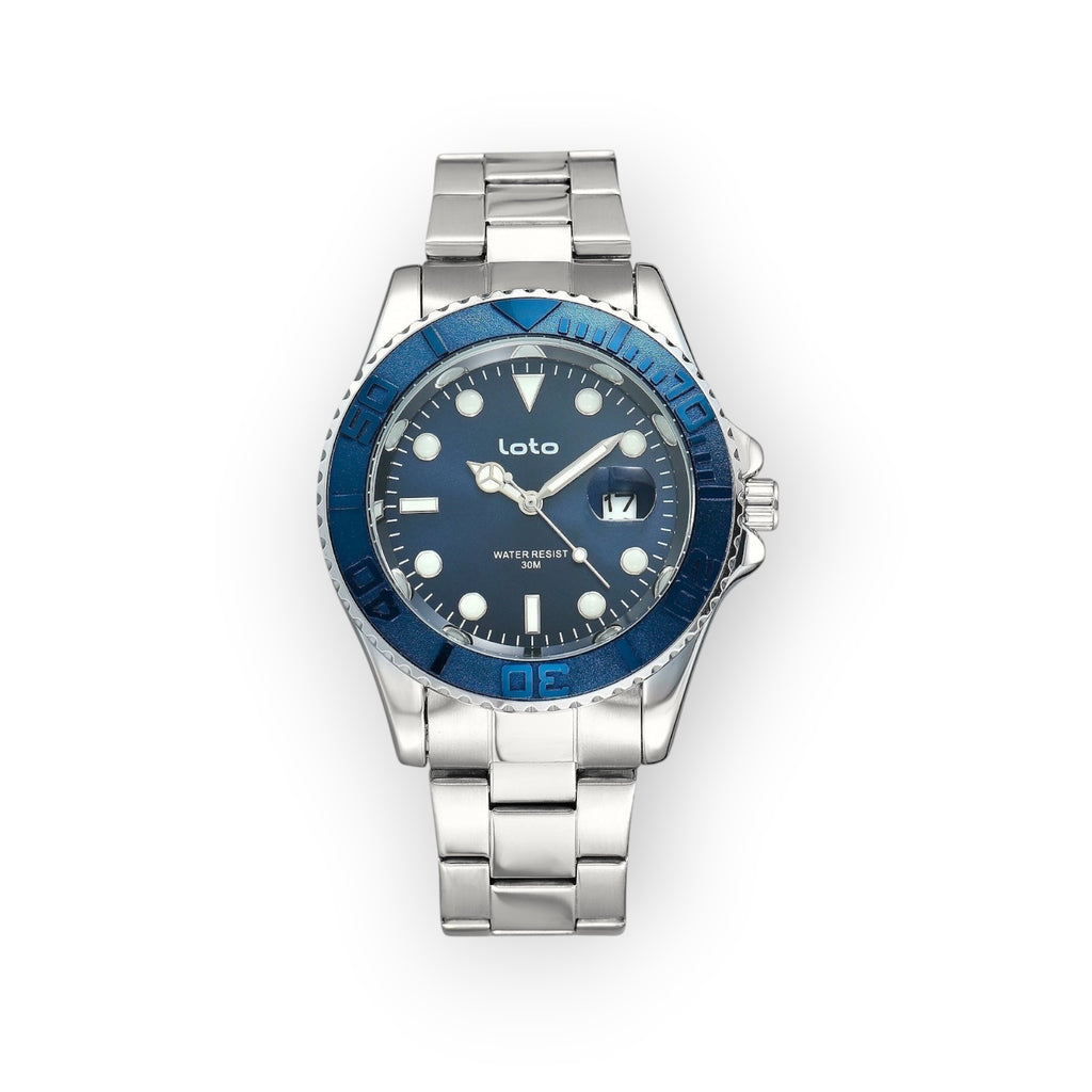 Reloj LOTO COMPANY OCEAN / 2525 de acero inoxidable con esfera azul, bisel azul y detalles luminosos. Resistente al agua 30M.
