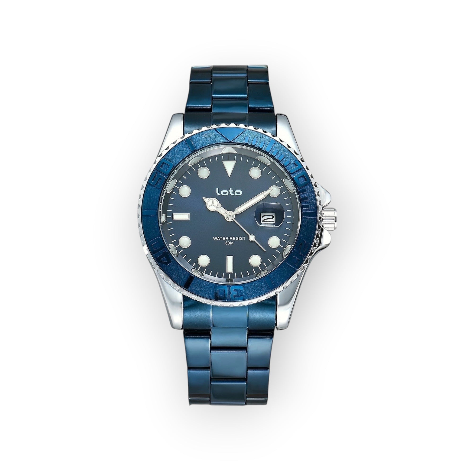 Reloj LOTO COMPANY OCEAN / 2525 de acero inoxidable azul con esfera azul, bisel giratorio y fecha. Estilo deportivo y funcional.