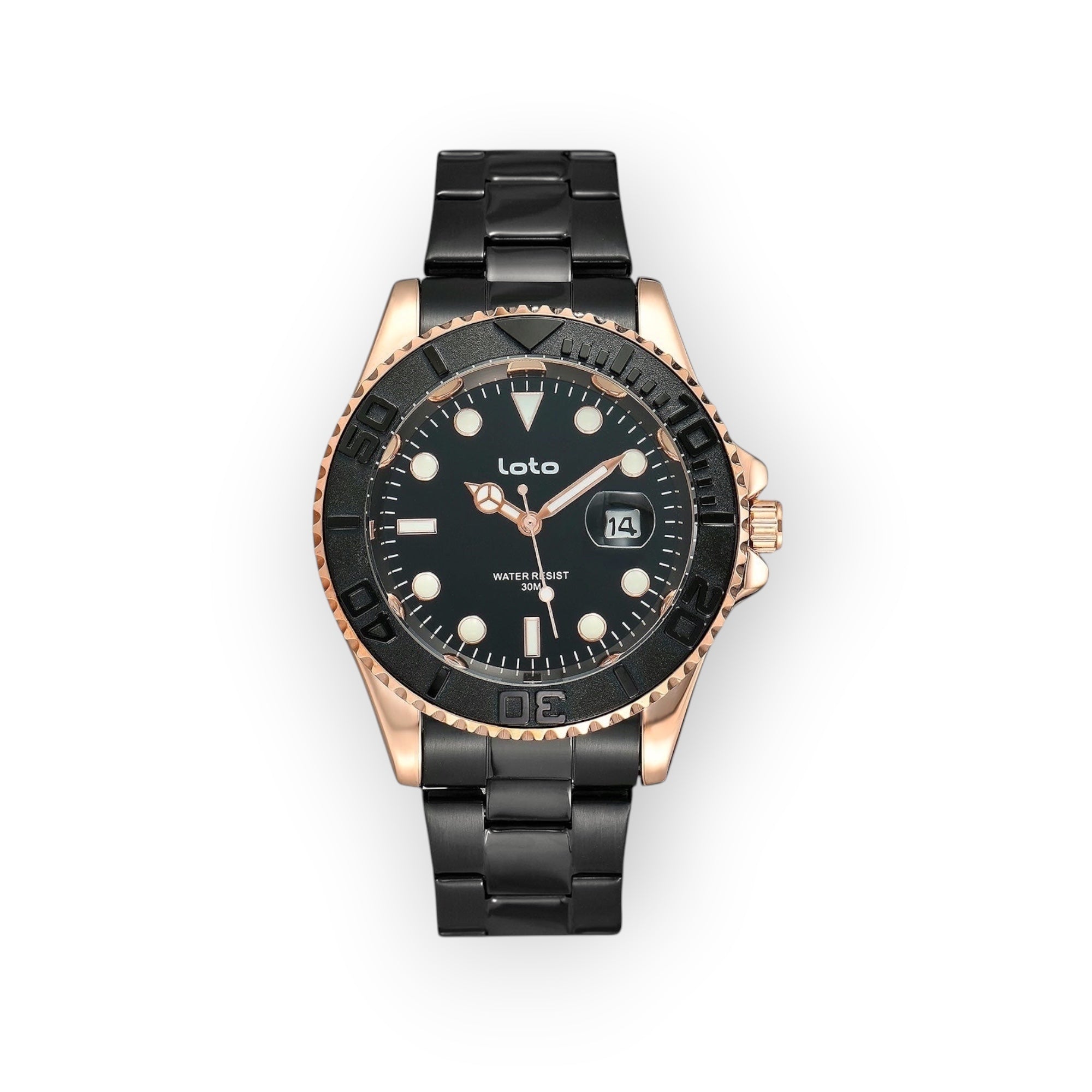 Reloj LOTO COMPANY OCEAN / 2525 con esfera negra, bisel de oro rosa y correa de acero inoxidable negro. Resistente al agua 30m.
