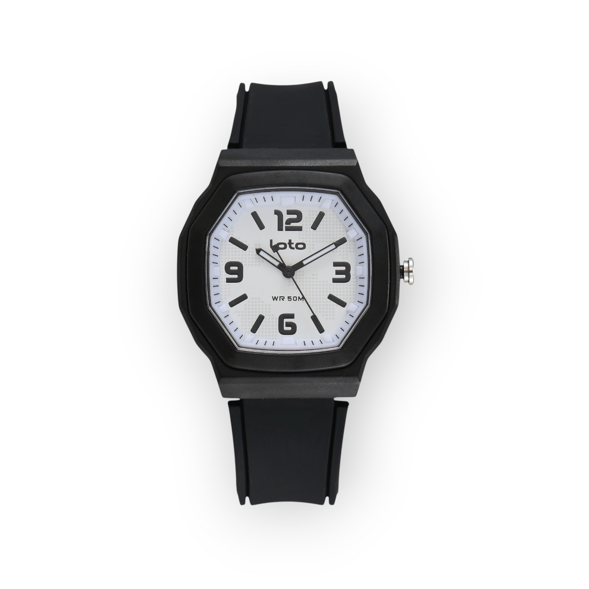 Reloj LOTO COMPANY Mavrek 2597 con esfera octogonal blanca, números negros y correa de silicona negra resistente