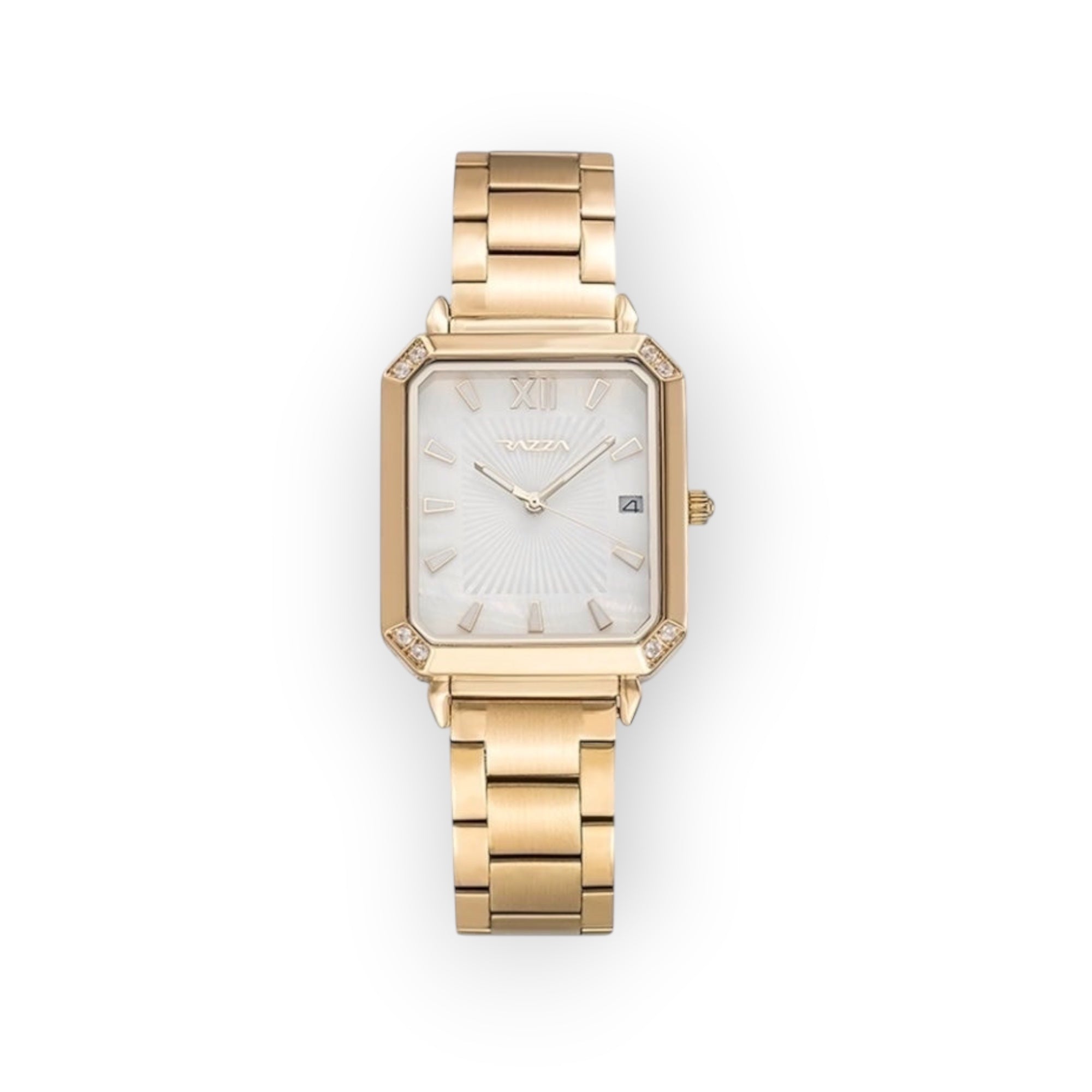 Reloj LOTO COMPANY ORLA rectangular en tono dorado con esfera blanca, brazalete de eslabones y detalles brillantes.