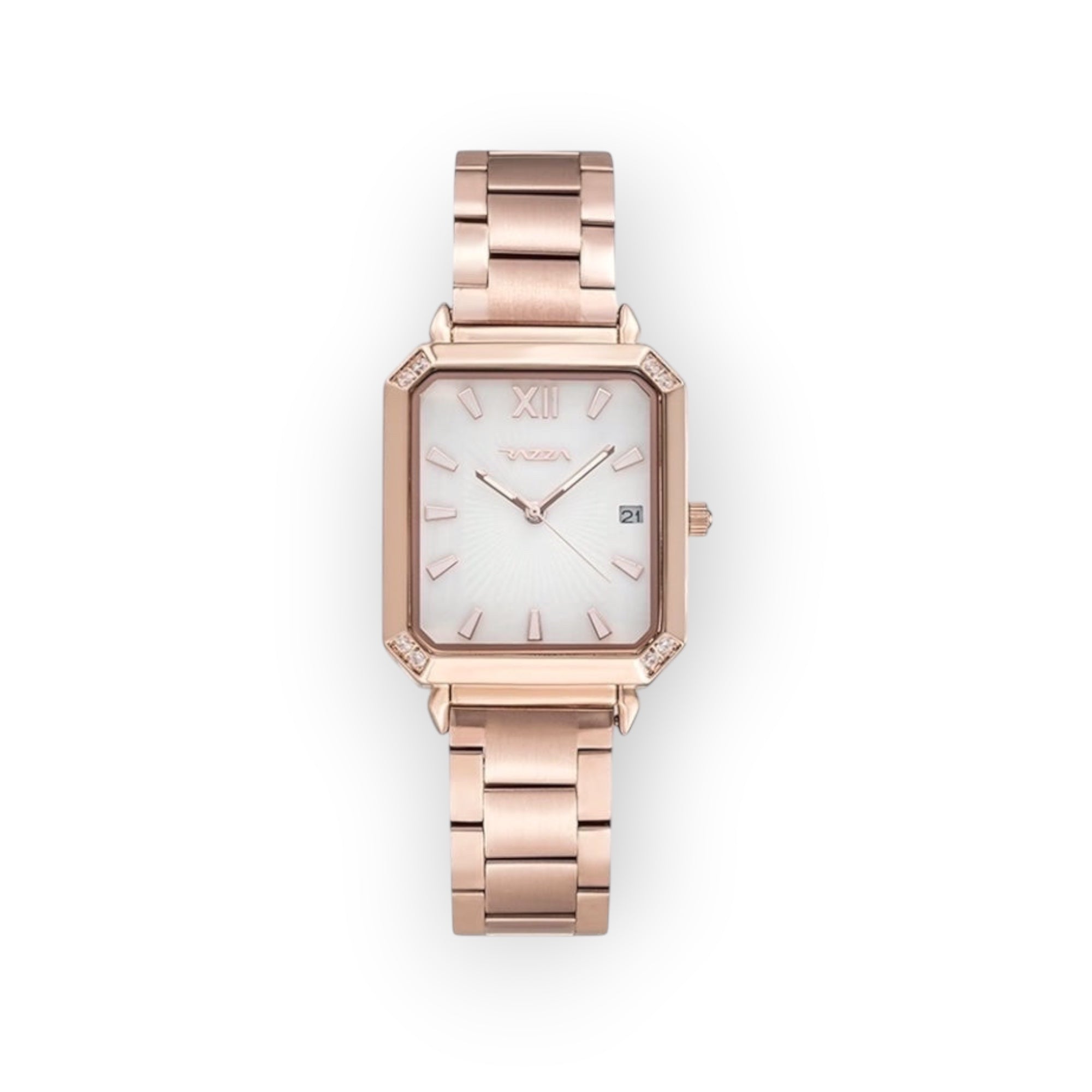 Reloj LOTO COMPANY modelo ORLA con caja rectangular de oro rosa, esfera blanca, calendario y detalles brillantes.