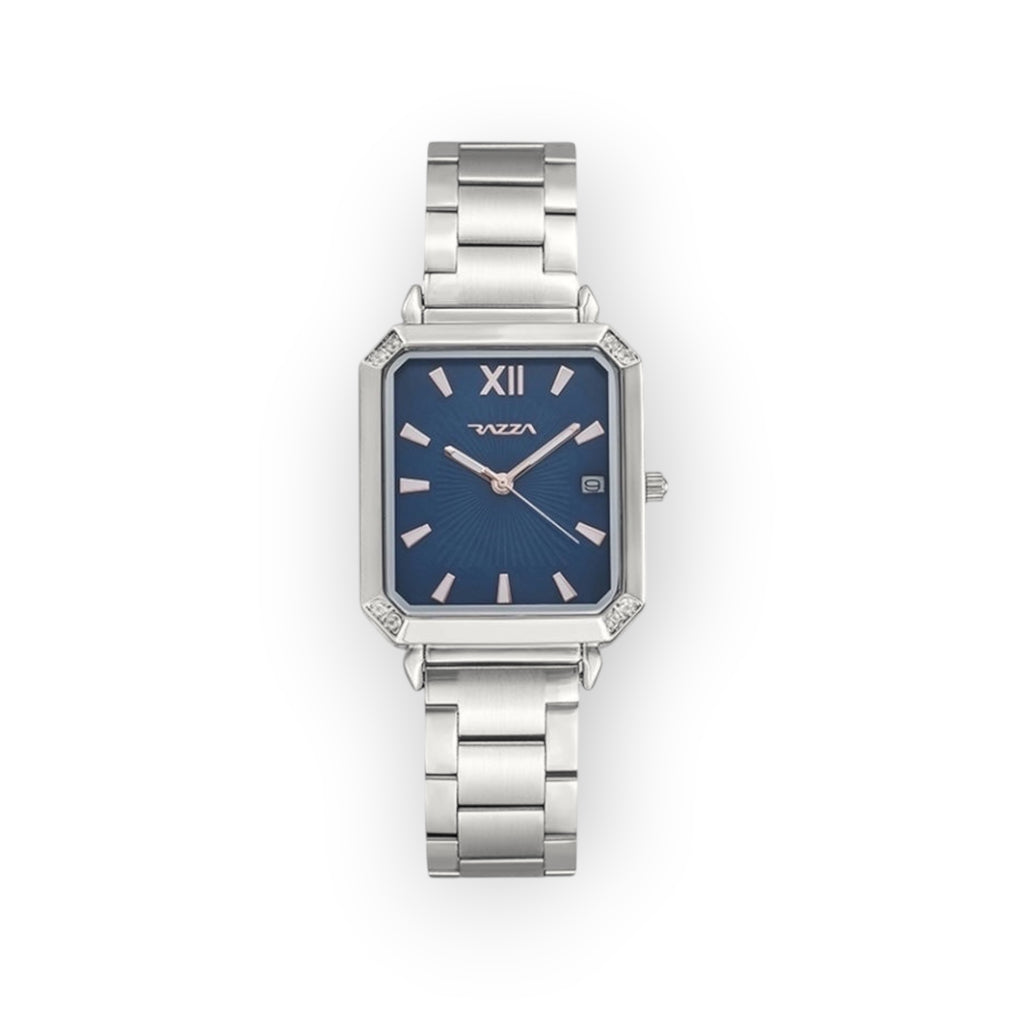 Reloj de pulsera LOTO COMPANY modelo ORLA con caja rectangular plateada, esfera azul y detalles brillantes.