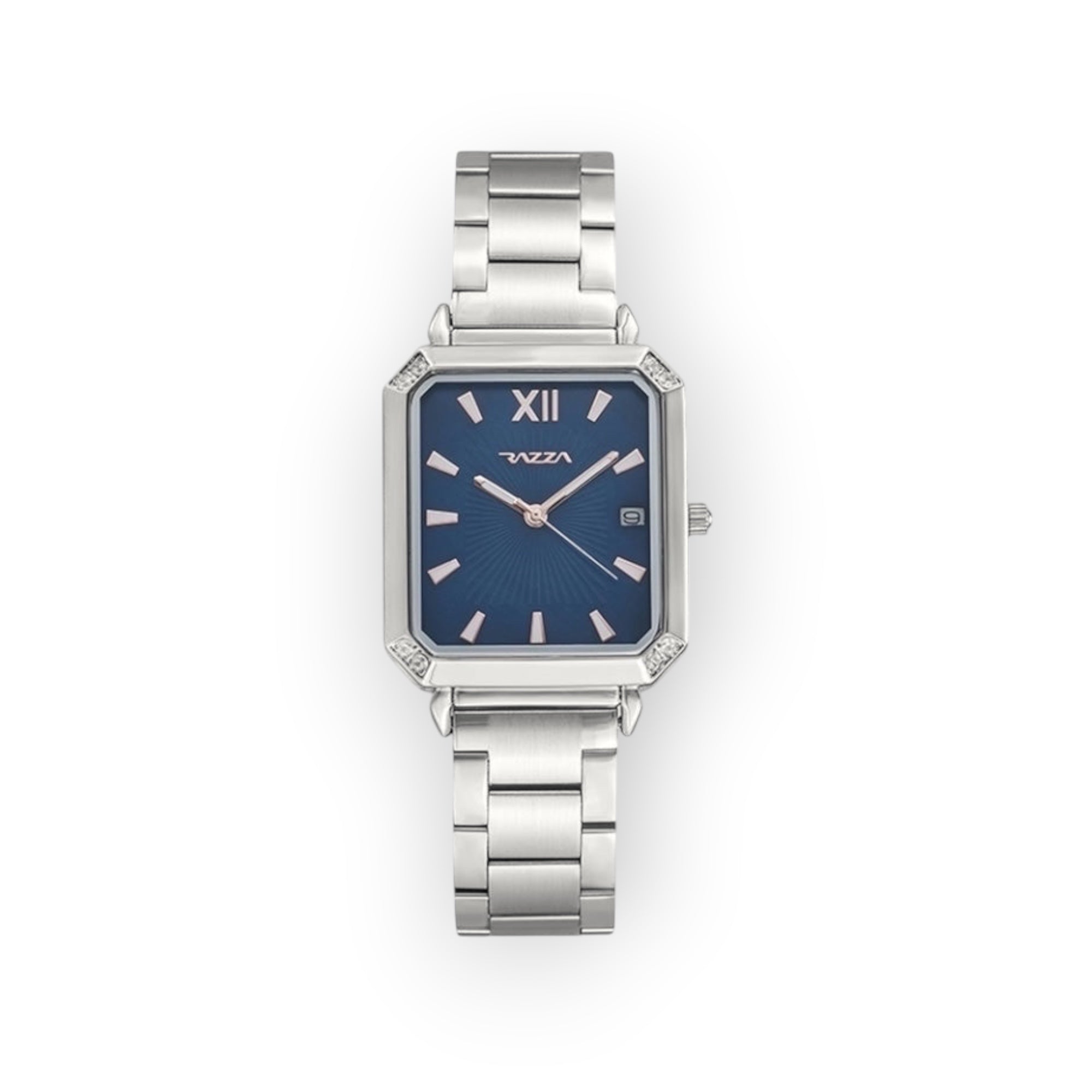Reloj de pulsera LOTO COMPANY modelo ORLA con caja rectangular plateada, esfera azul y detalles brillantes.