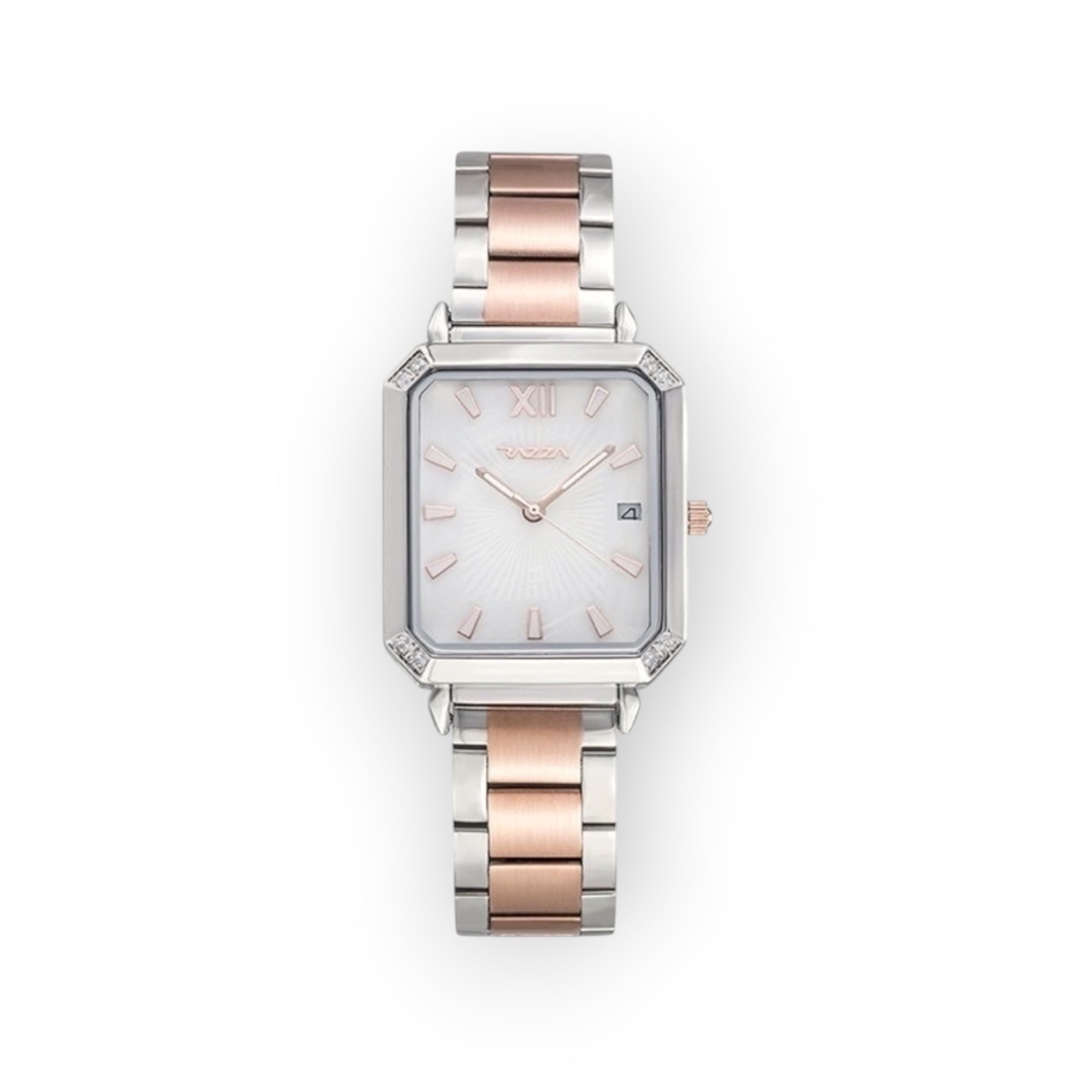 Reloj LOTO COMPANY modelo ORLA con caja rectangular, esfera plateada, brazalete bicolor y detalles brillantes.