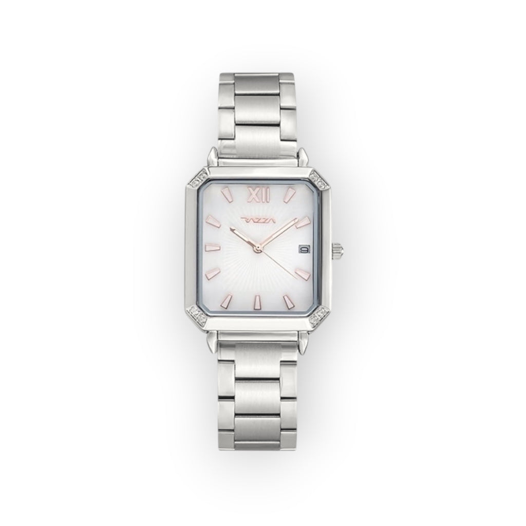 Reloj de pulsera LOTO COMPANY modelo ORLA con caja rectangular plateada, esfera blanca y detalles brillantes.