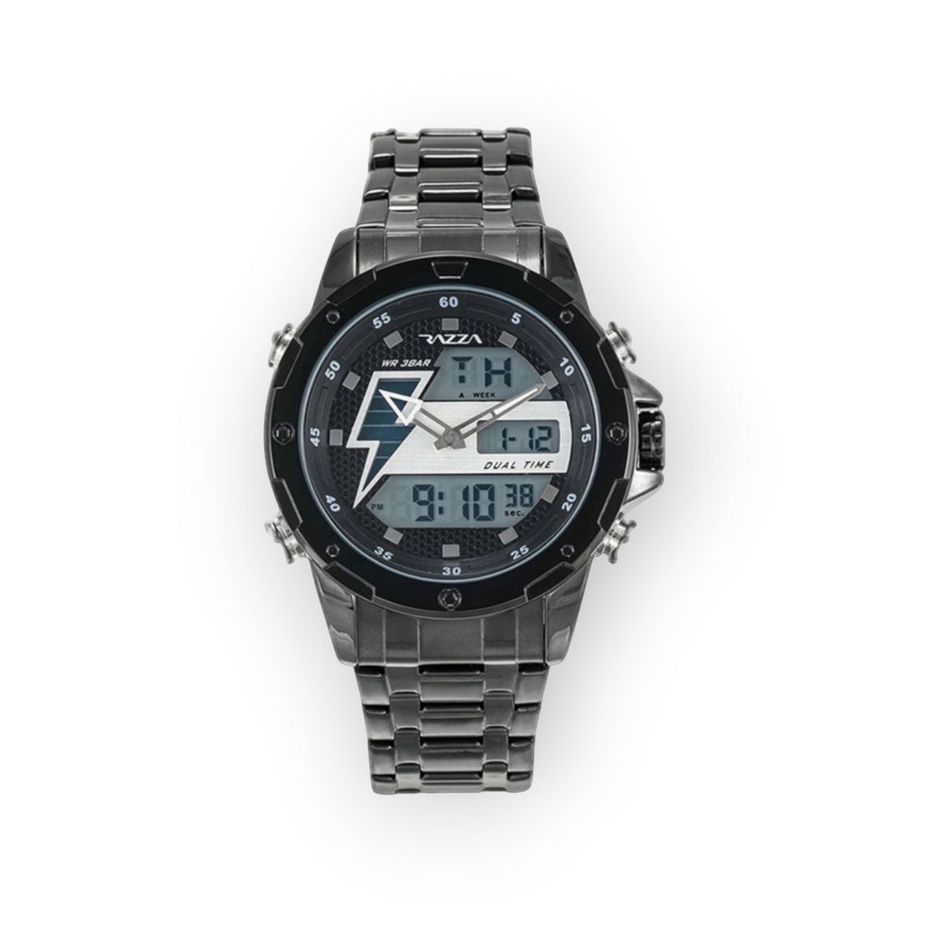 Reloj analógico-digital LOTO COMPANY ORVEN 31082 de acero inoxidable negro con esfera de rayo y doble hora.