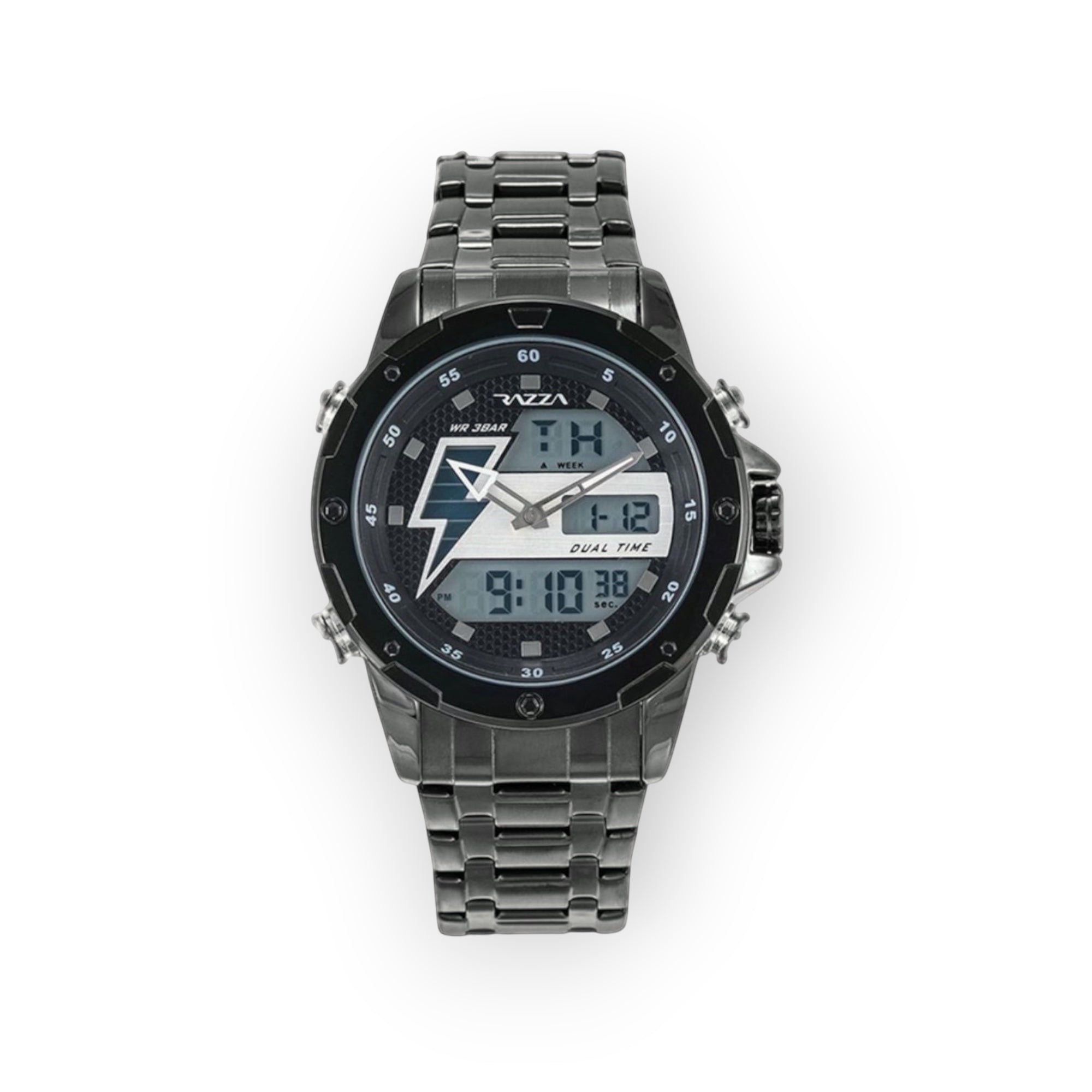 Reloj analógico-digital LOTO COMPANY ORVEN 31082 de acero inoxidable negro con esfera de rayo y doble hora.