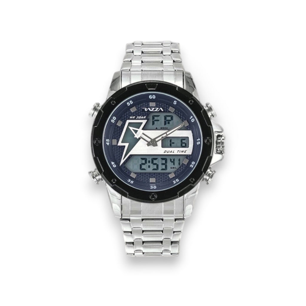 Reloj LOTO COMPANY ORVEN 31082 analógico-digital de acero inoxidable con esfera de rayo y brazalete metálico.