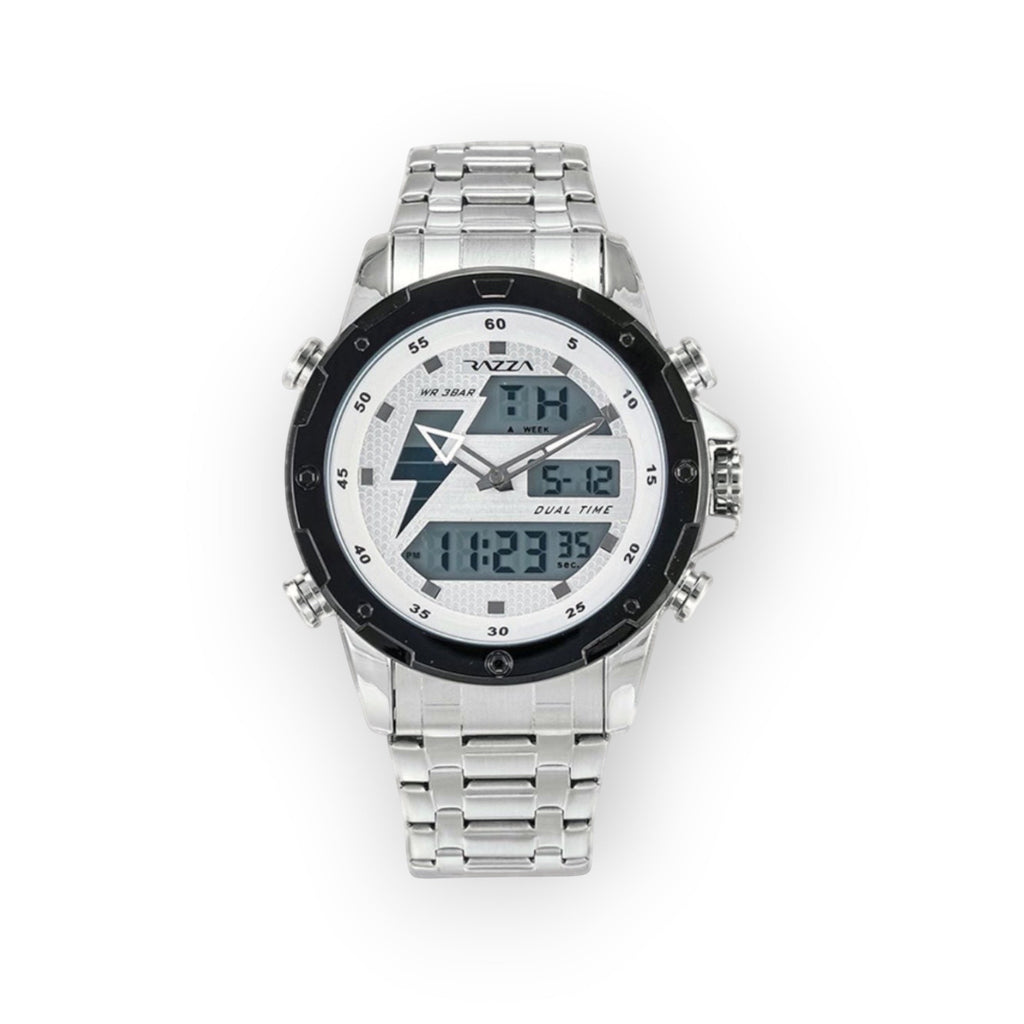 Reloj analógico-digital LOTO COMPANY ORVEN 31082 de acero inoxidable con esfera plateada y diseño de rayo.