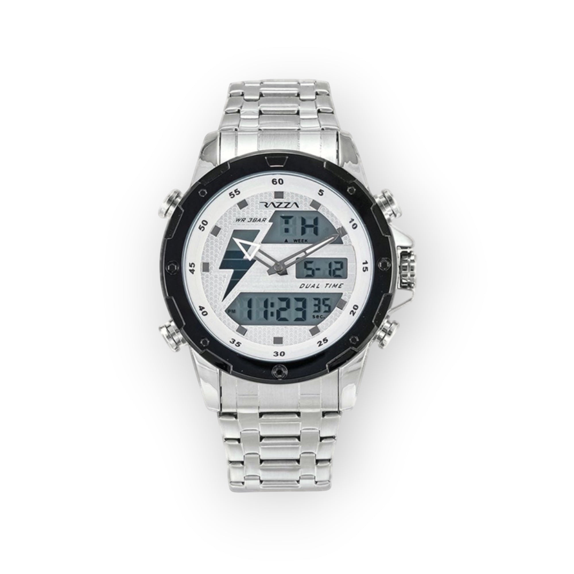 Reloj analógico-digital LOTO COMPANY ORVEN 31082 de acero inoxidable con esfera plateada y diseño de rayo.