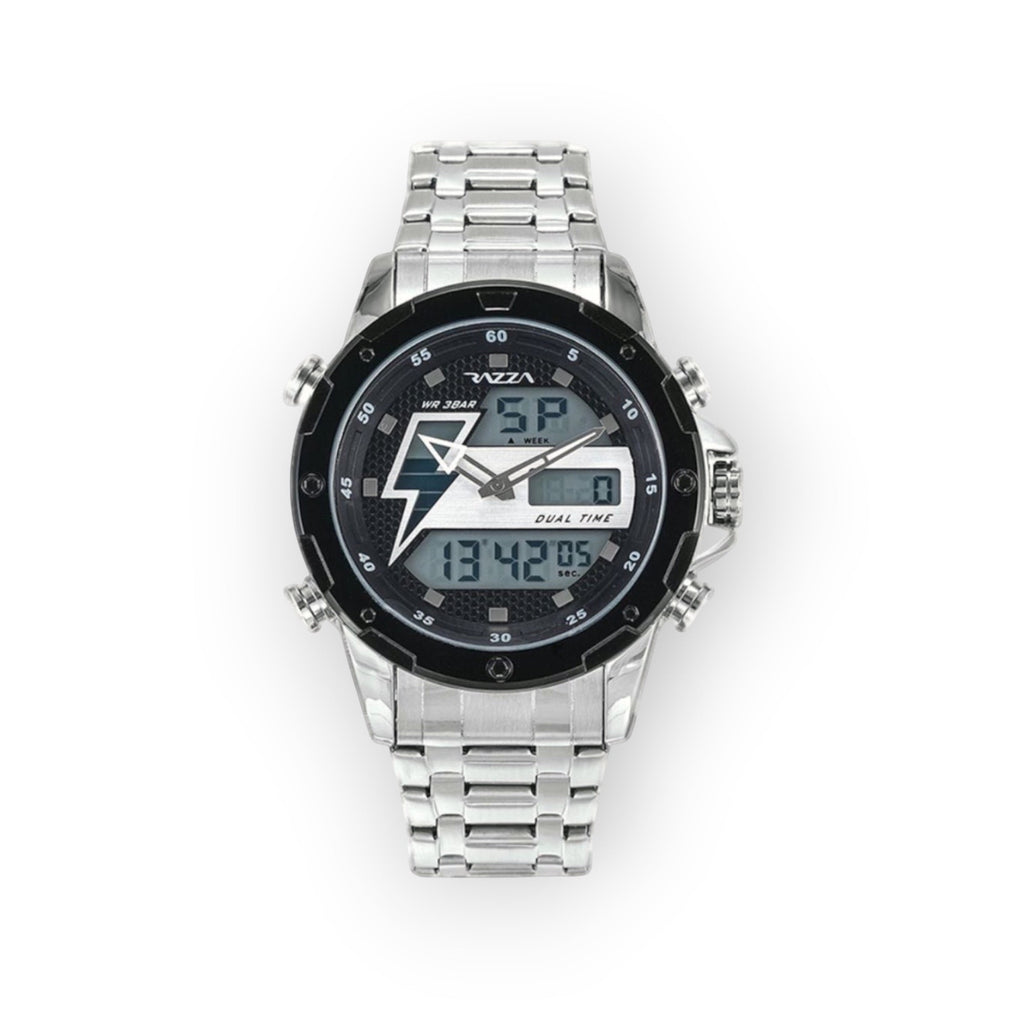 Reloj analógico-digital LOTO COMPANY ORVEN 31082 de acero inoxidable con esfera negra y detalle de rayo.