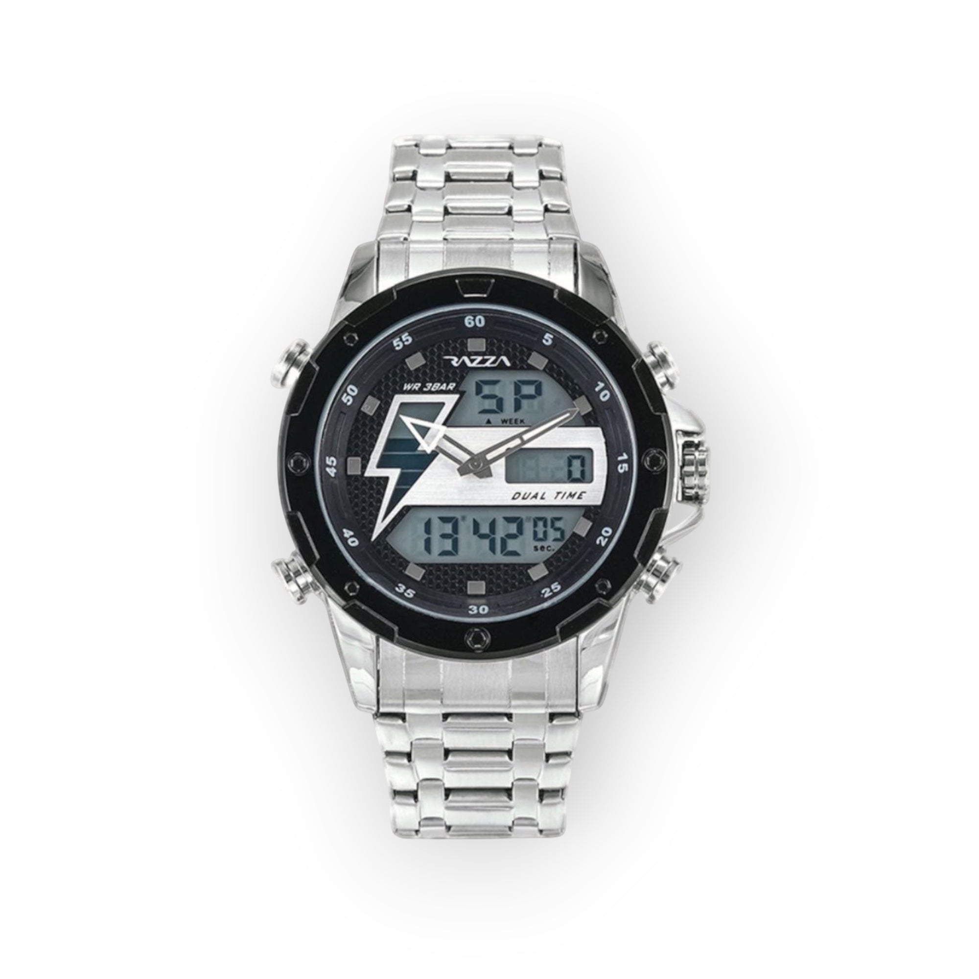 Reloj analógico-digital LOTO COMPANY ORVEN 31082 de acero inoxidable con esfera negra y detalle de rayo.