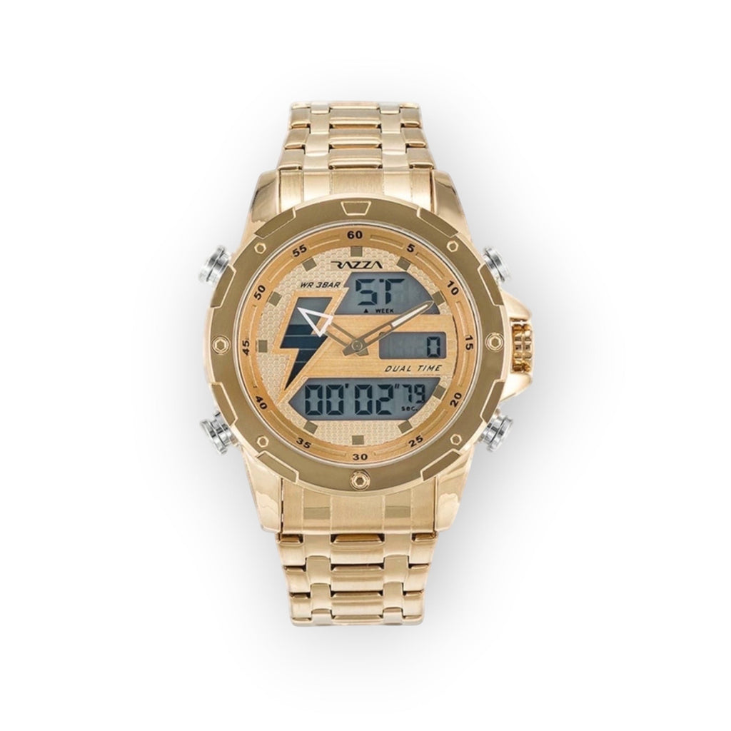 Reloj LOTO COMPANY ORVEN 31082 analógico-digital dorado de acero inoxidable con esfera de rayo y doble hora.