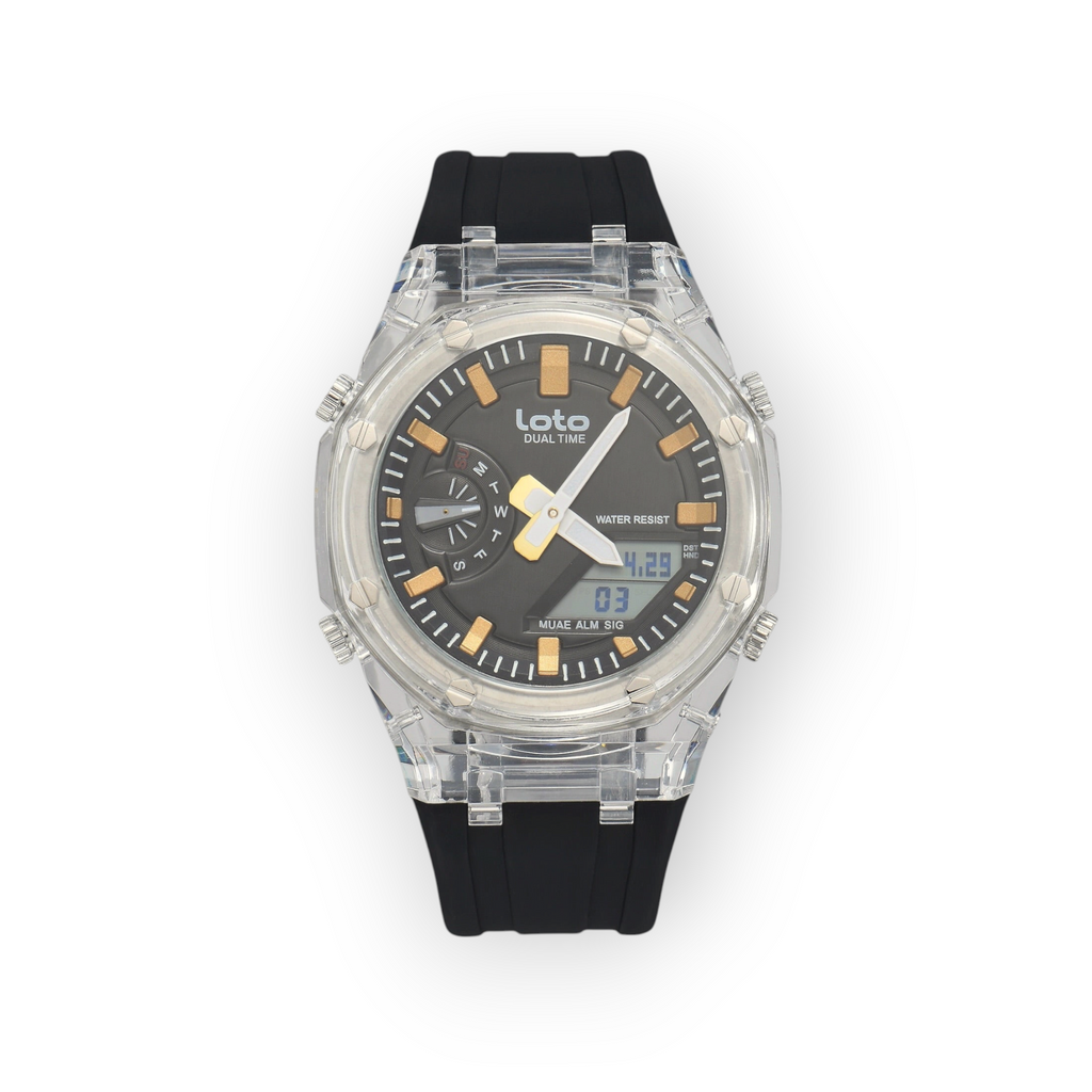 Reloj LOTO COMPANY Orvexa 2582 con caja transparente, esfera gris y correa de silicona negra, estilo deportivo dual