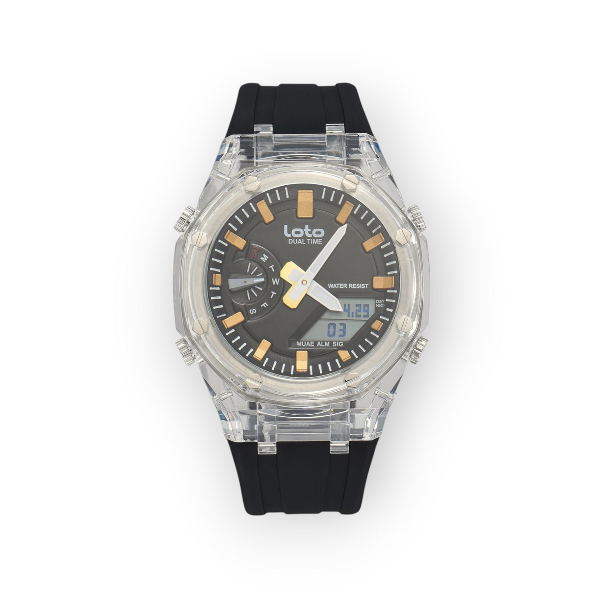 Reloj LOTO COMPANY Orvexa 2582 con caja transparente, esfera gris y correa de silicona negra, estilo deportivo dual