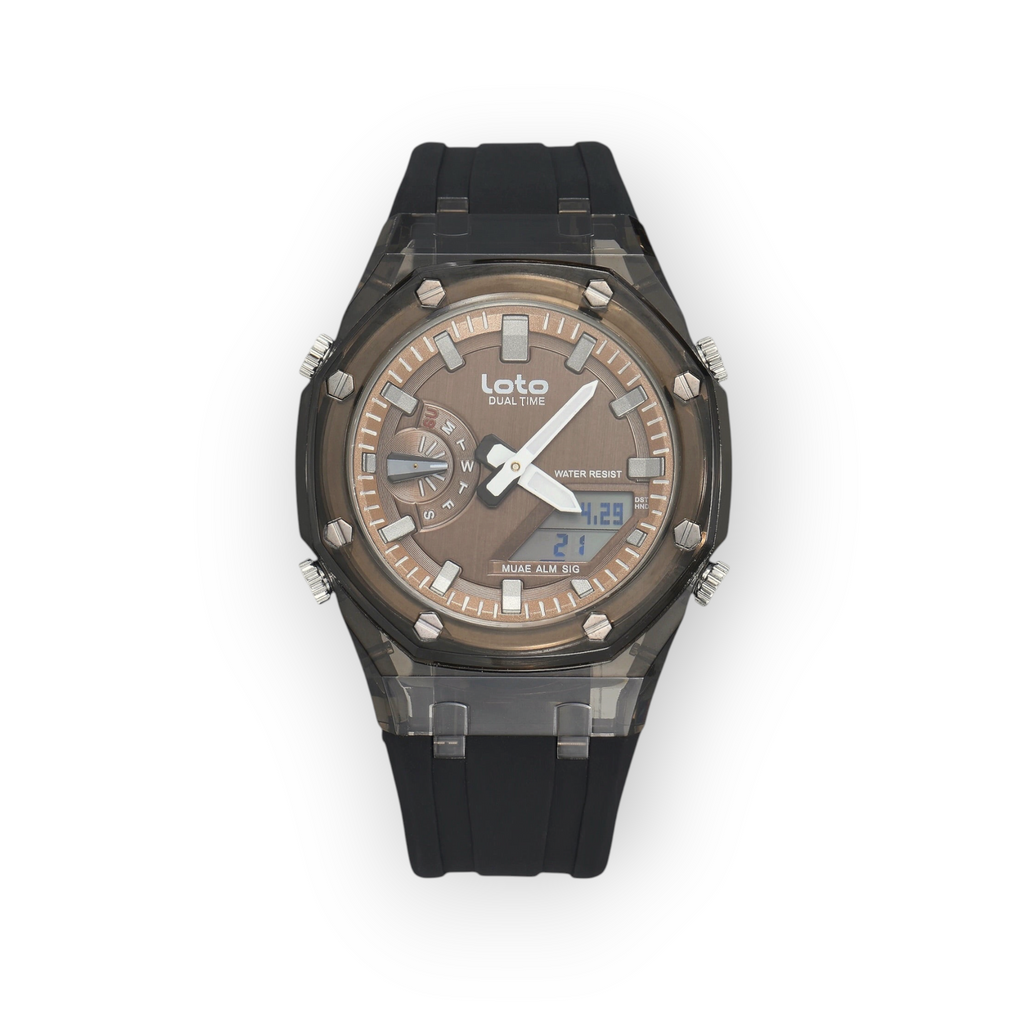 Reloj LOTO COMPANY Orvexa 2582 con caja transparente, esfera marrón, pantalla digital y correa de silicona negra.