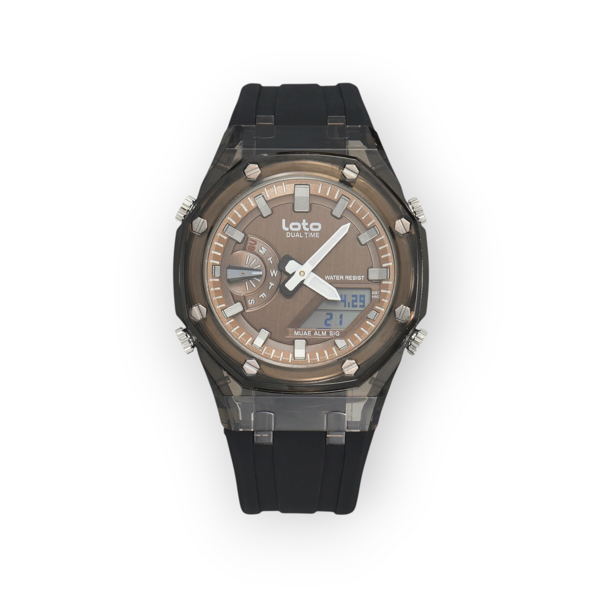 Reloj LOTO COMPANY Orvexa 2582 con caja transparente, esfera marrón, pantalla digital y correa de silicona negra.