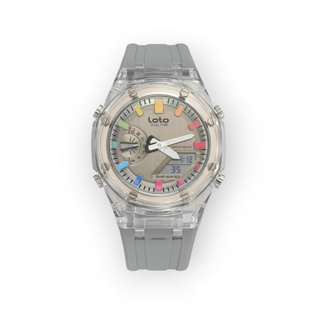 Reloj LOTO COMPANY Orvexa 2582 con caja transparente, correa de silicona gris y detalles coloridos en la esfera.