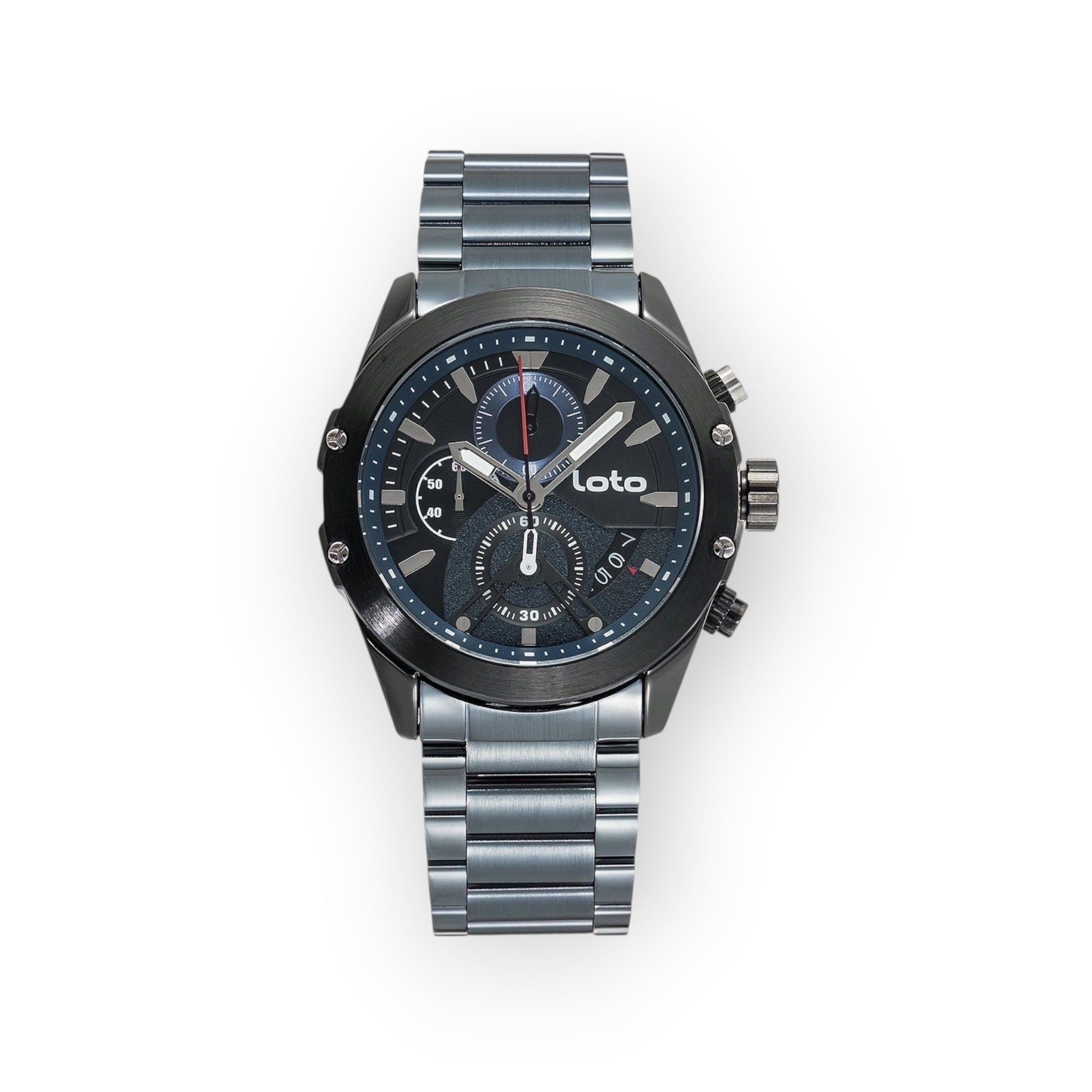 Reloj cronógrafo LOTO COMPANY PHANTOM/2432 de acero inoxidable con esfera azul y detalles plateados, diseño deportivo y robusto.