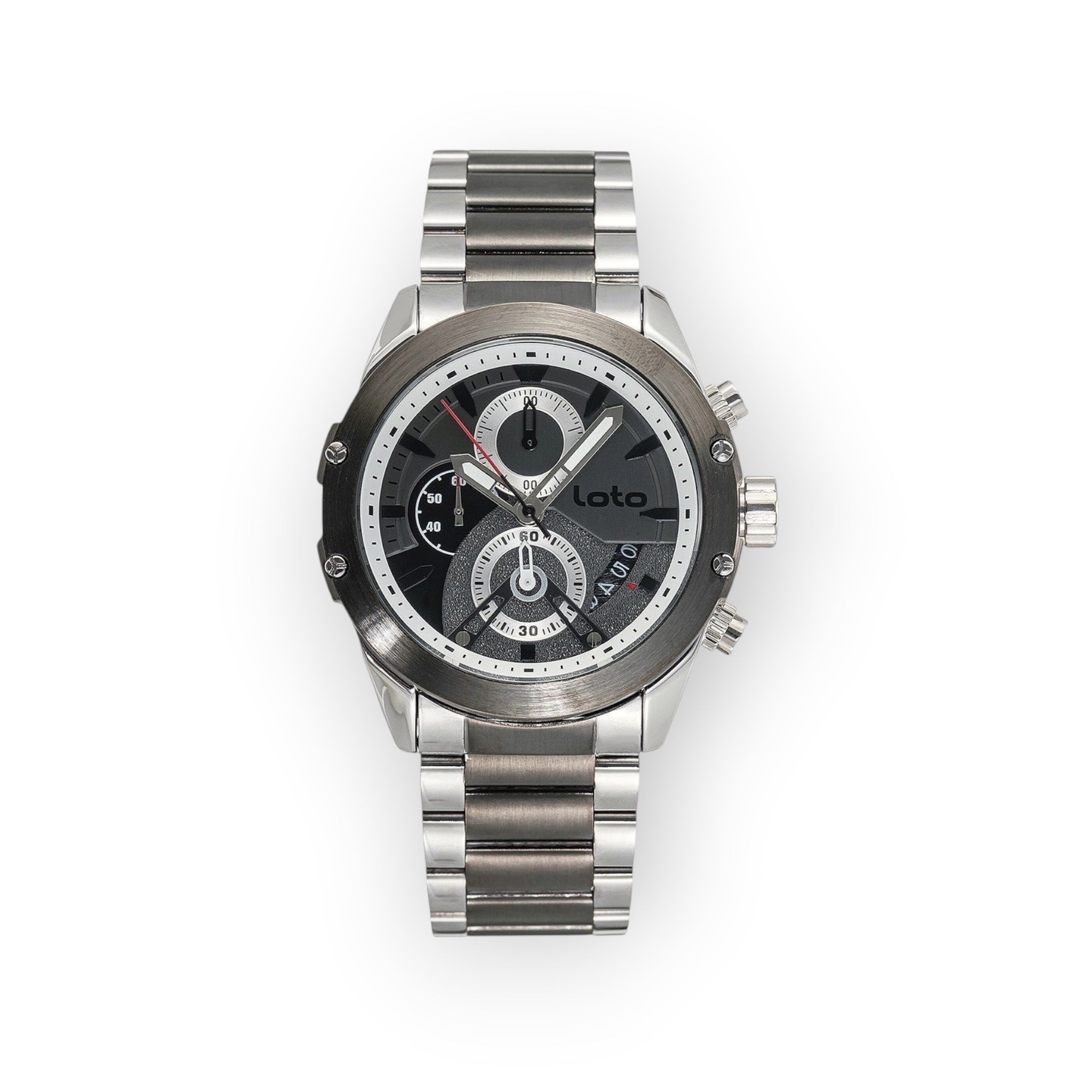 Reloj cronógrafo LOTO COMPANY PHANTOM/2432 de acero inoxidable con esfera negra, subesferas y brazalete metálico.