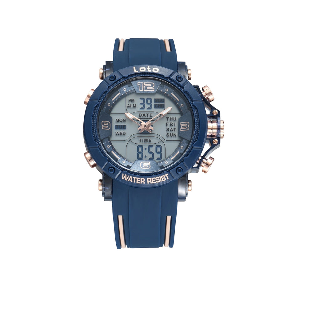 Reloj deportivo LOTO COMPANY PHANTOM azul con correa de silicona, esfera híbrida analógica-digital y detalles dorados.