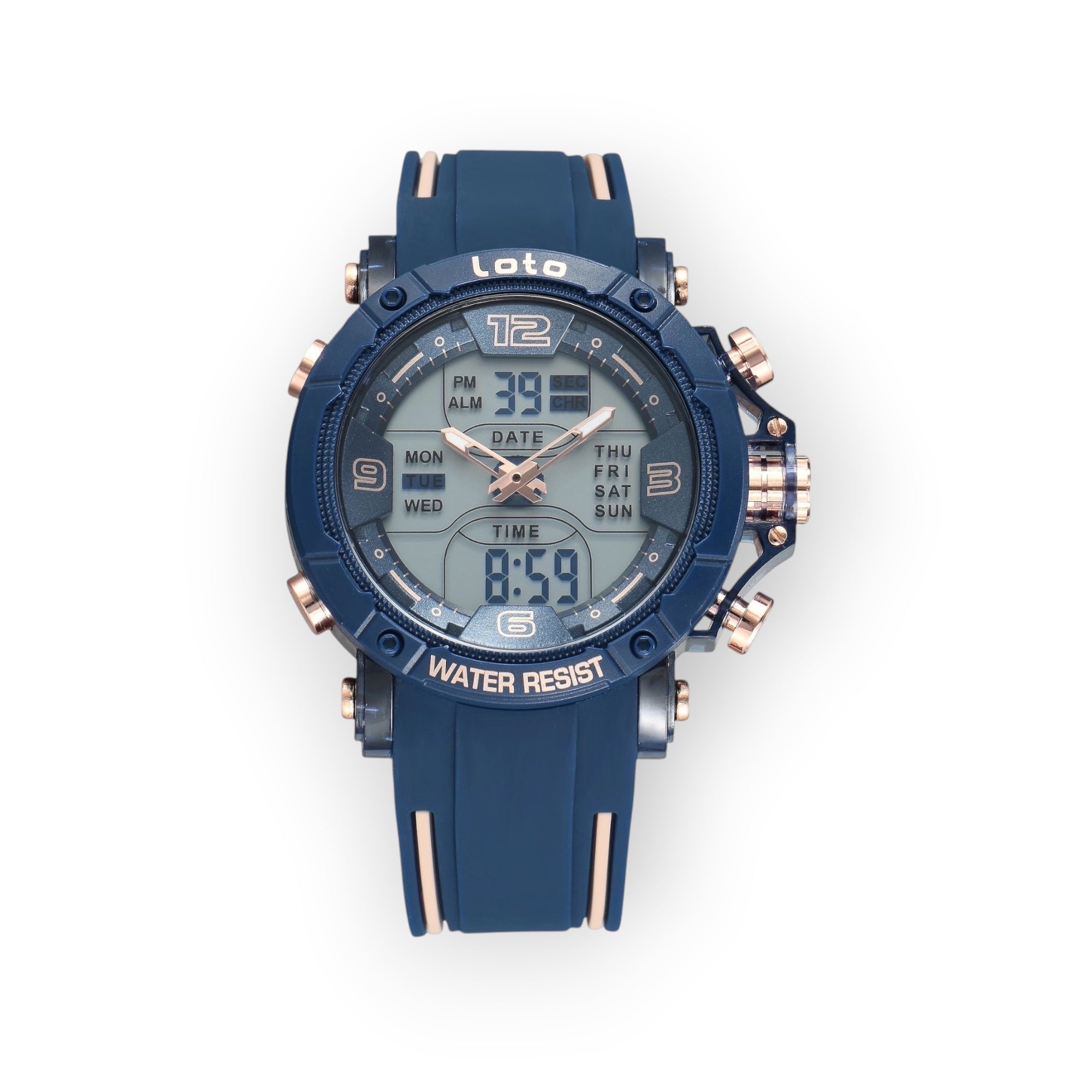 Reloj deportivo LOTO COMPANY PHANTOM azul con correa de silicona, esfera híbrida analógica-digital y detalles dorados.
