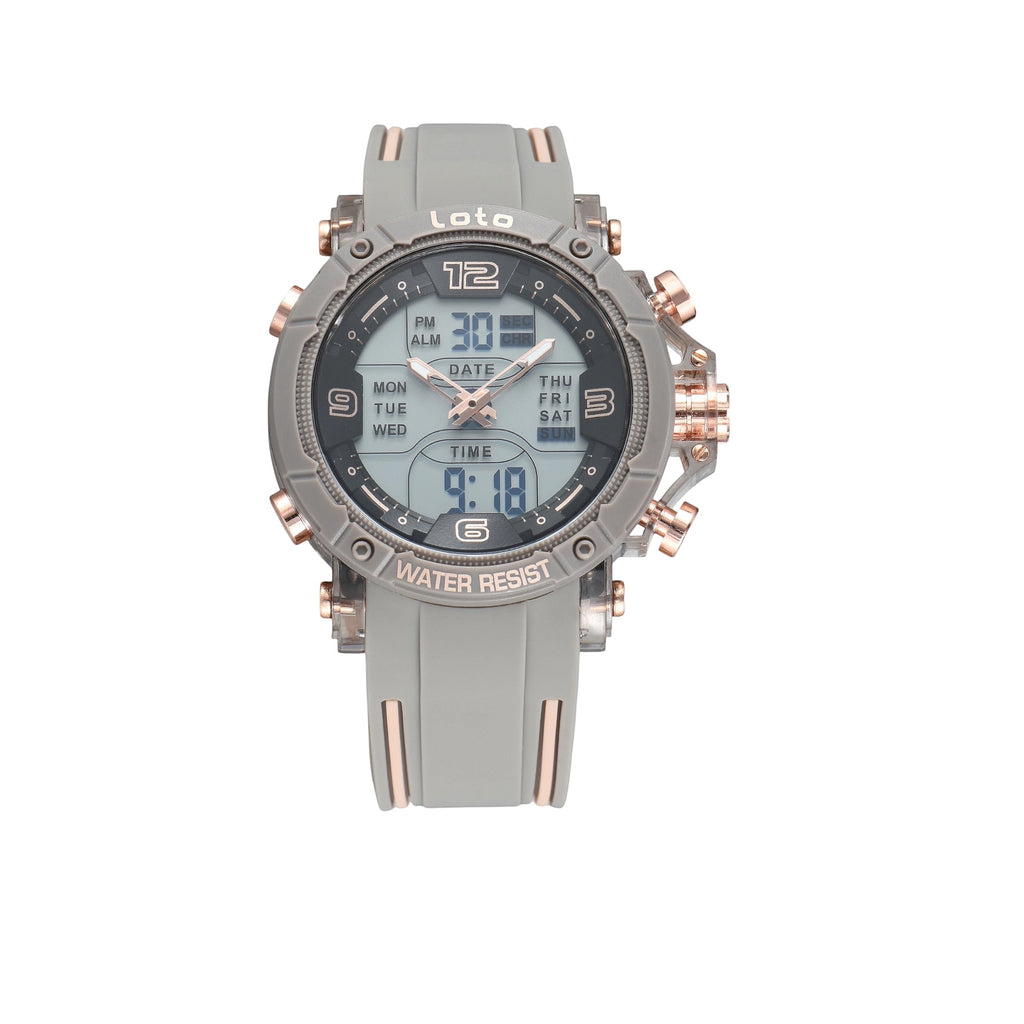 Reloj deportivo LOTO COMPANY PHANTOM gris con correa de silicona, esfera híbrida analógica-digital y detalles dorados.