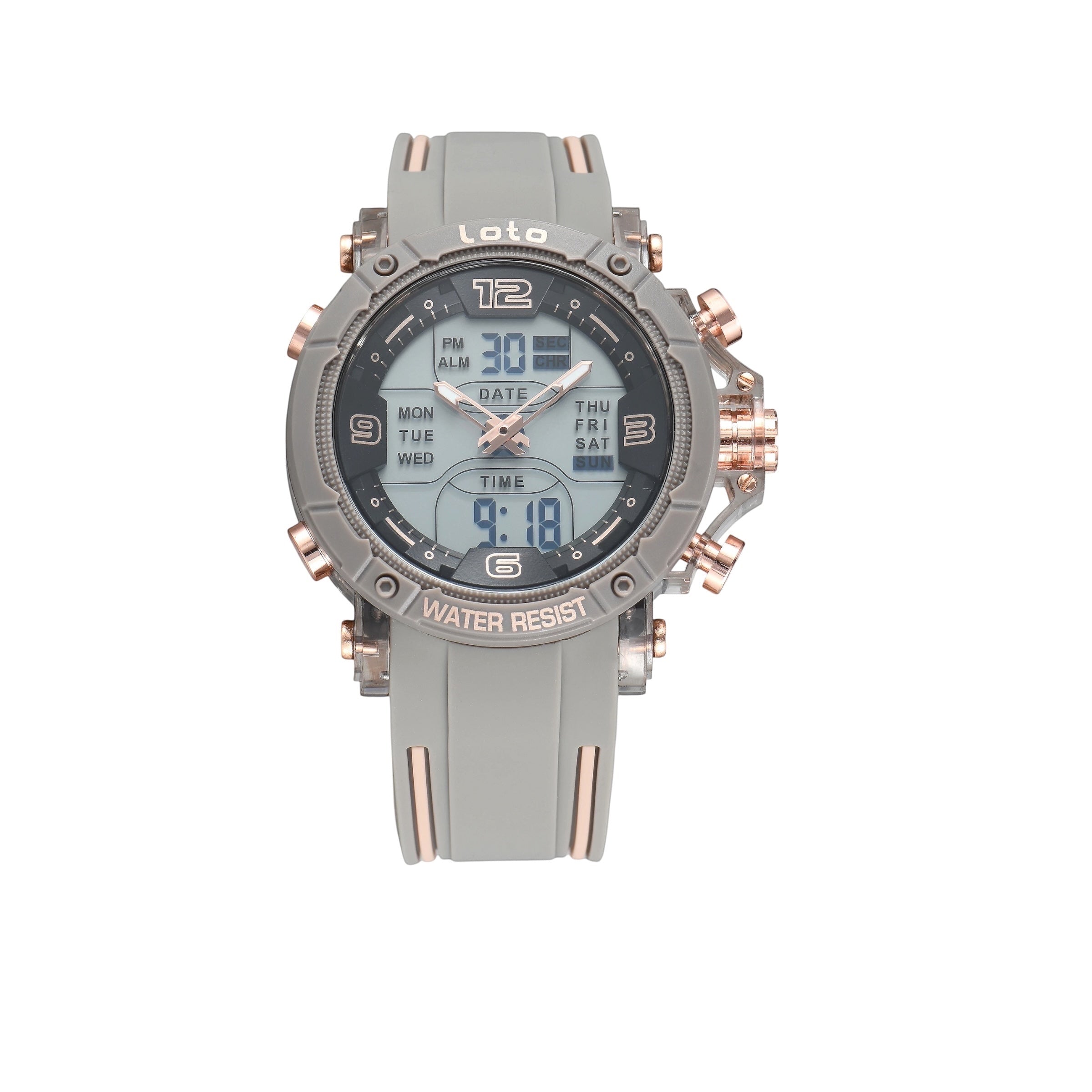 Reloj deportivo LOTO COMPANY PHANTOM gris con correa de silicona, esfera híbrida analógica-digital y detalles dorados.