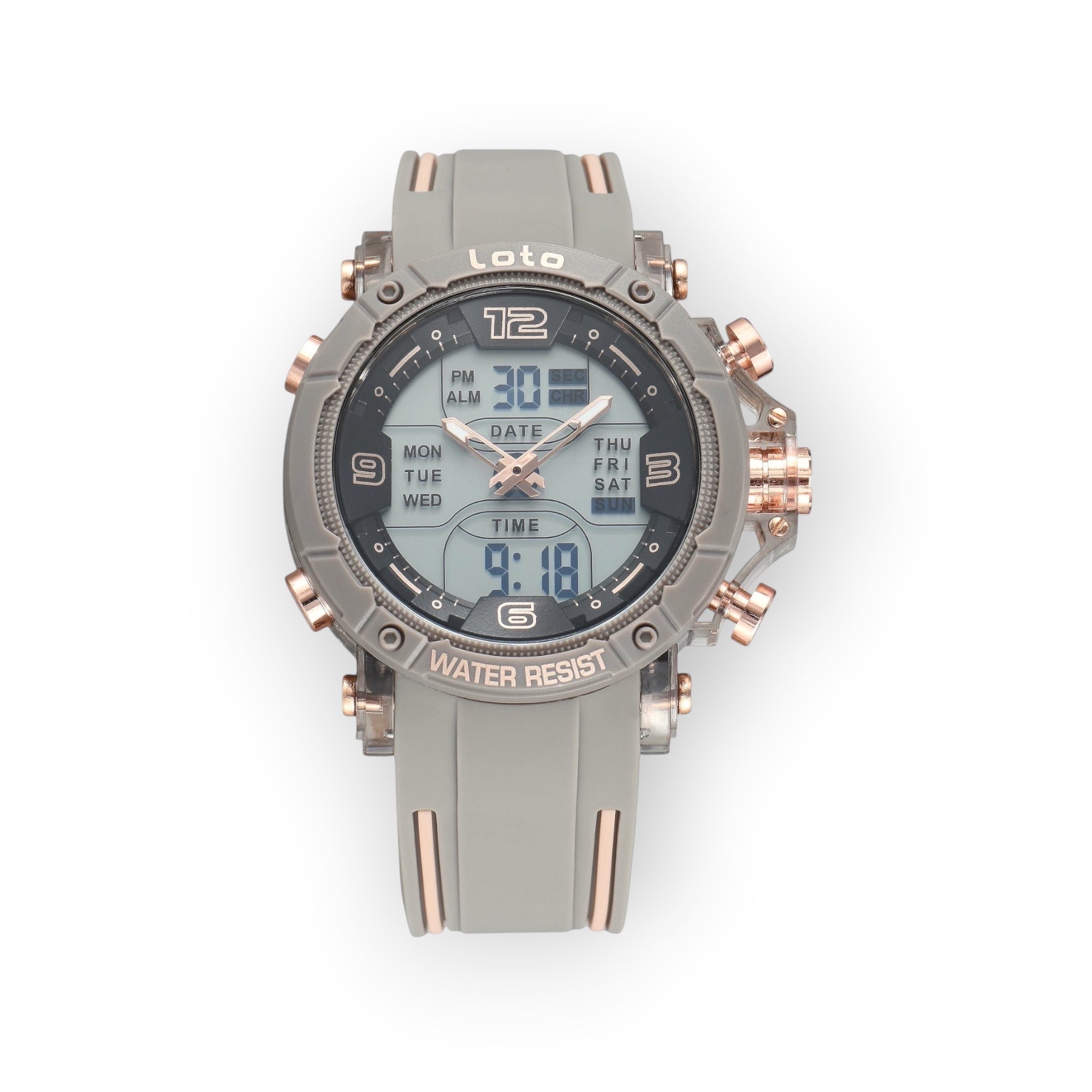 Reloj deportivo LOTO COMPANY PHANTOM gris con correa de silicona, esfera híbrida analógica-digital y detalles dorados.